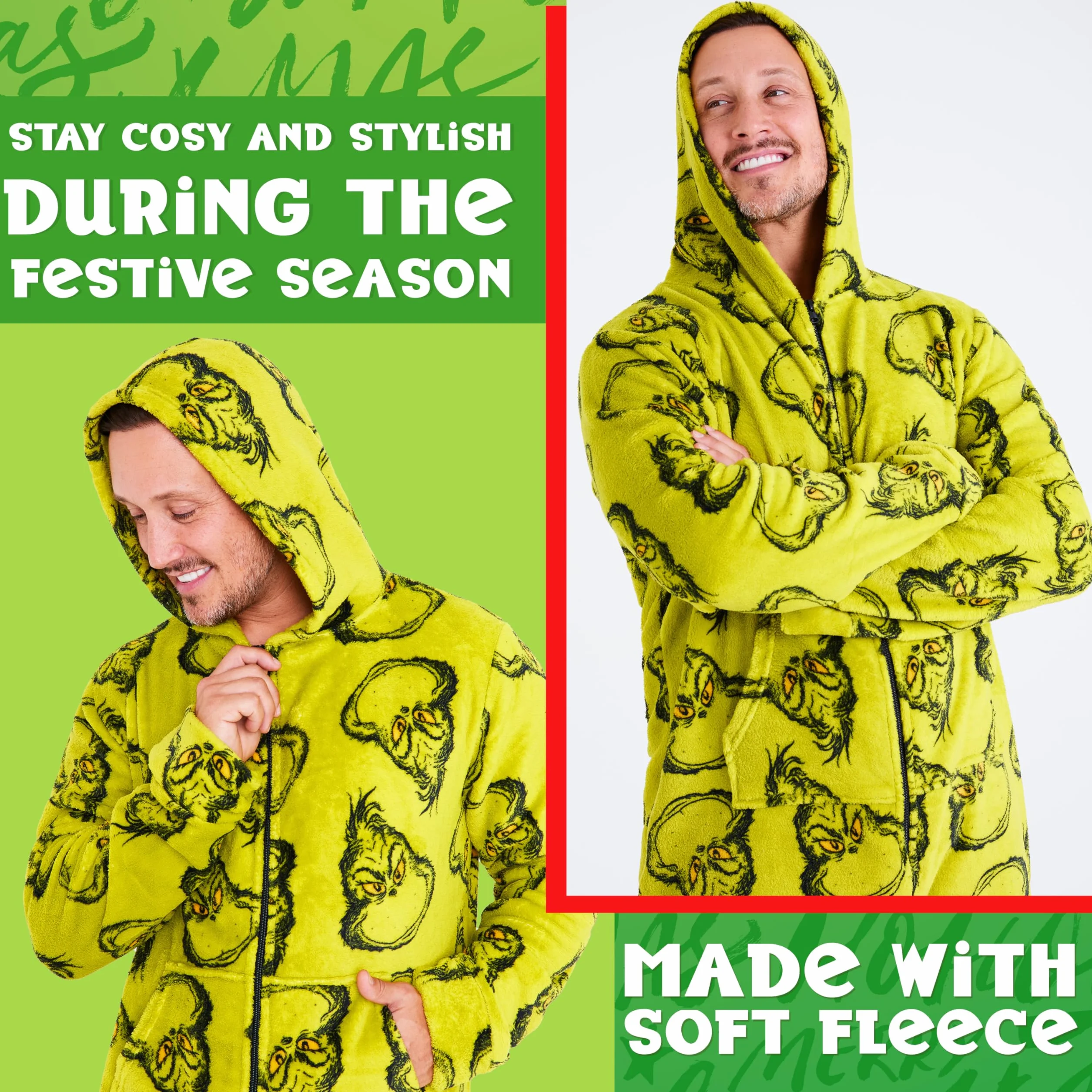 The Grinch Onesie męski kombinezon polarowy z kapturem, przytulny kombinezon polarowy dla mężczyzn i nastolatków