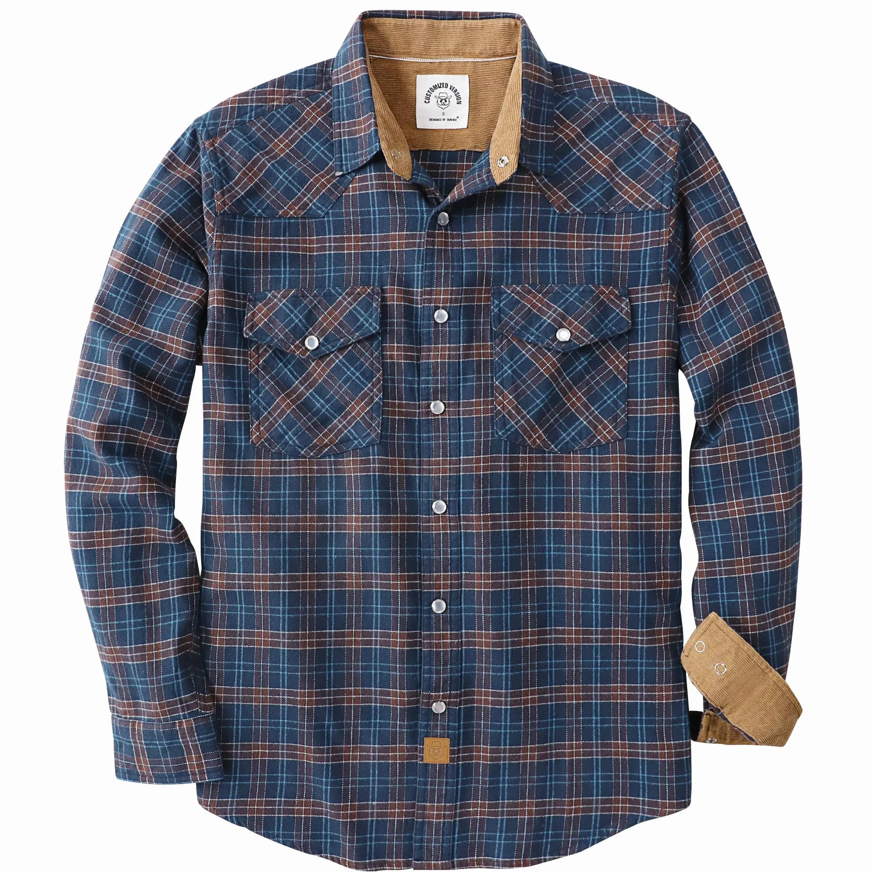 Dubinik® Koszula flanelowa, 170 g, dla mężczyzn, westernowa, perłowe zatrzaski, z długim rękawem, na co dzień, przytulna, vintage, kowbojska, krata, miękka, czysta bawełna