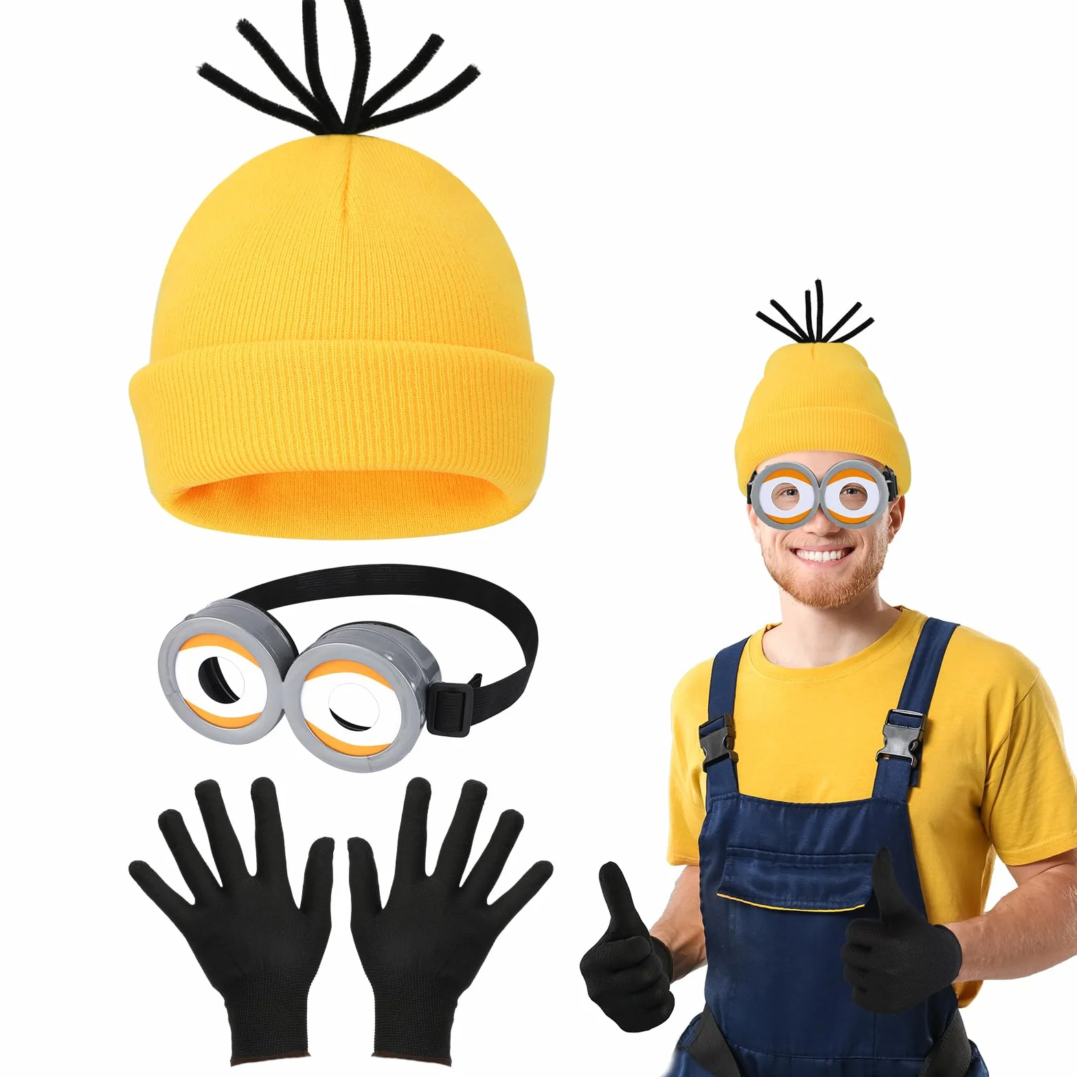 3 sztuki kostiumów Halloween dla dorosłych i dzieci, okulary steampunk z żółtą czapką i czarnymi rękawiczkami, zestaw do kostiumów na Halloween, kostium filmowy dla dorosłych na Halloween, karnawał