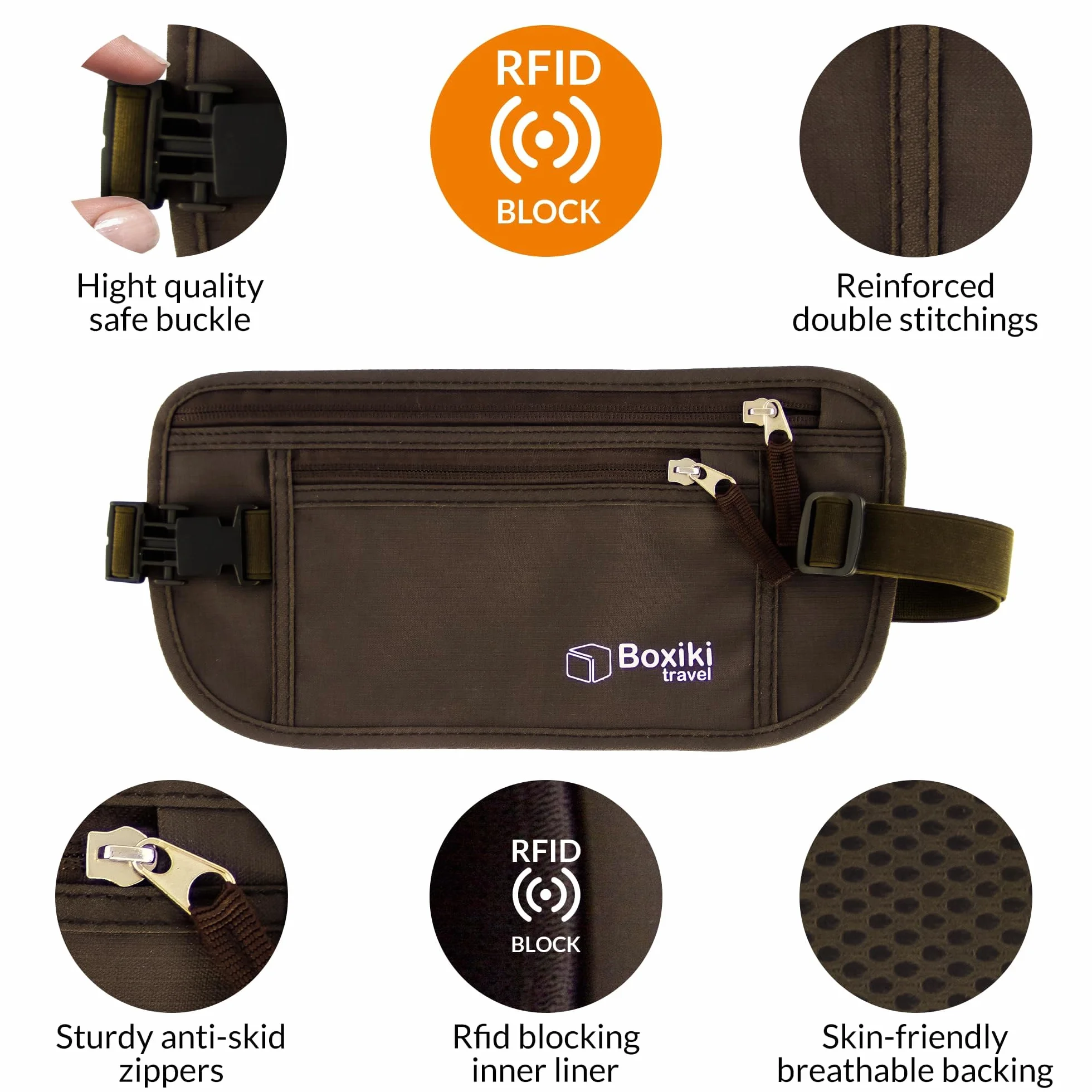 Boxiki Travel Ukryty pasek na pieniądze dla mężczyzn i kobiet – blokujący RFID saszetka w talii na paszport, portfel i telefon – bezpieczna i zabezpieczona podczas podróży, brązowy, Einheitsgröße