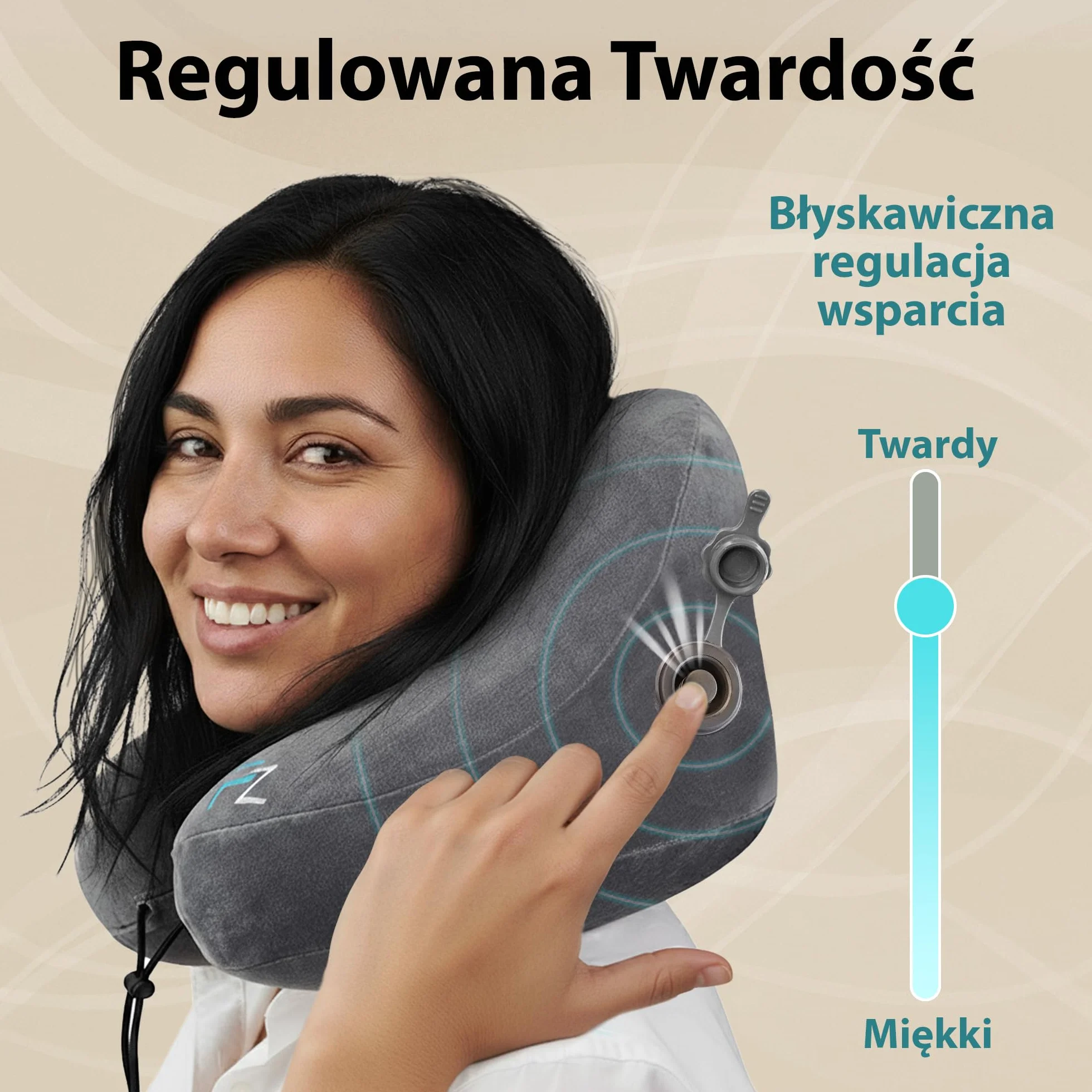 FLOWZOOM Air Dmuchana Poduszka Podróżna z Kapturem dla Kobiet - Do Samolotów, Pociągów i Samochodów - Poduszka Zapewnia Wsparcie Szyi 360 ° - Szybkie Pompowanie - Szary Rozmiar L