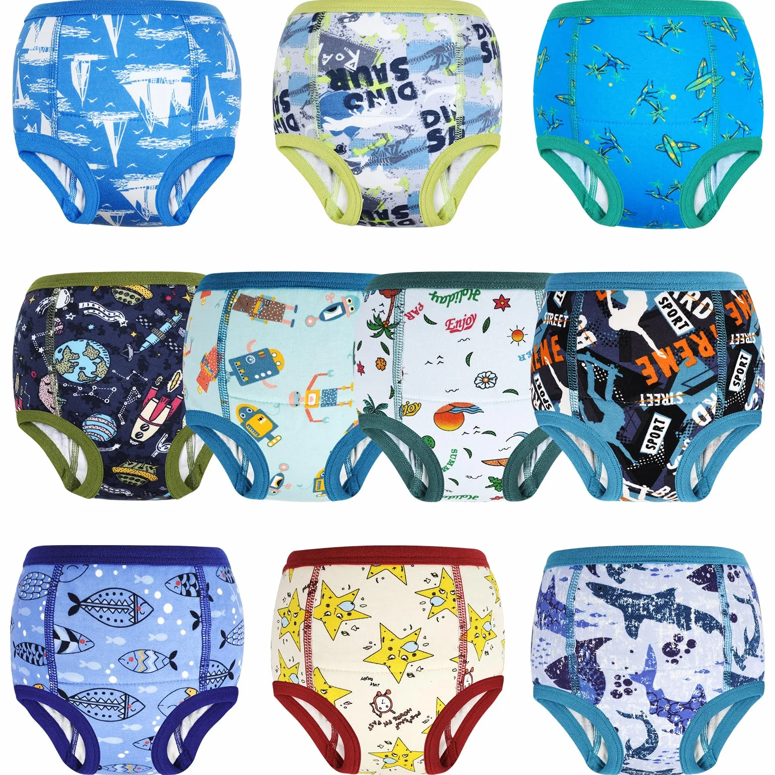 MOEMOE BABY Nocne spodnie treningowe dla dzieci 2T-6T, 10 sztuk, nadające się do prania i chłonne, w 100% przyjazne dla skóry, bawełna, dinozaury i jednorożec