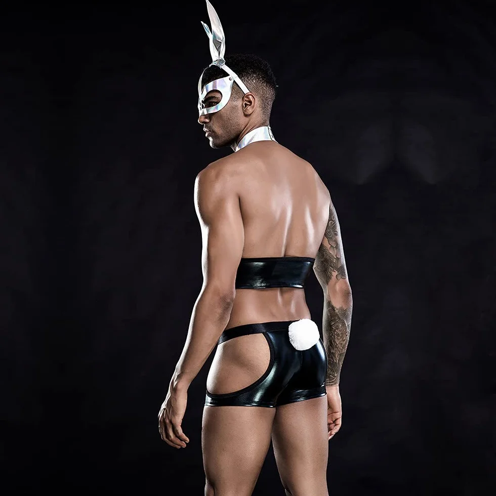 BaronHong Seksowny kostium męski Cosplay Bunny Boy PU Bielizna dla mężczyzn, do klubu nocnego, kelnera, mundur erotyczny hormonalny strój królika