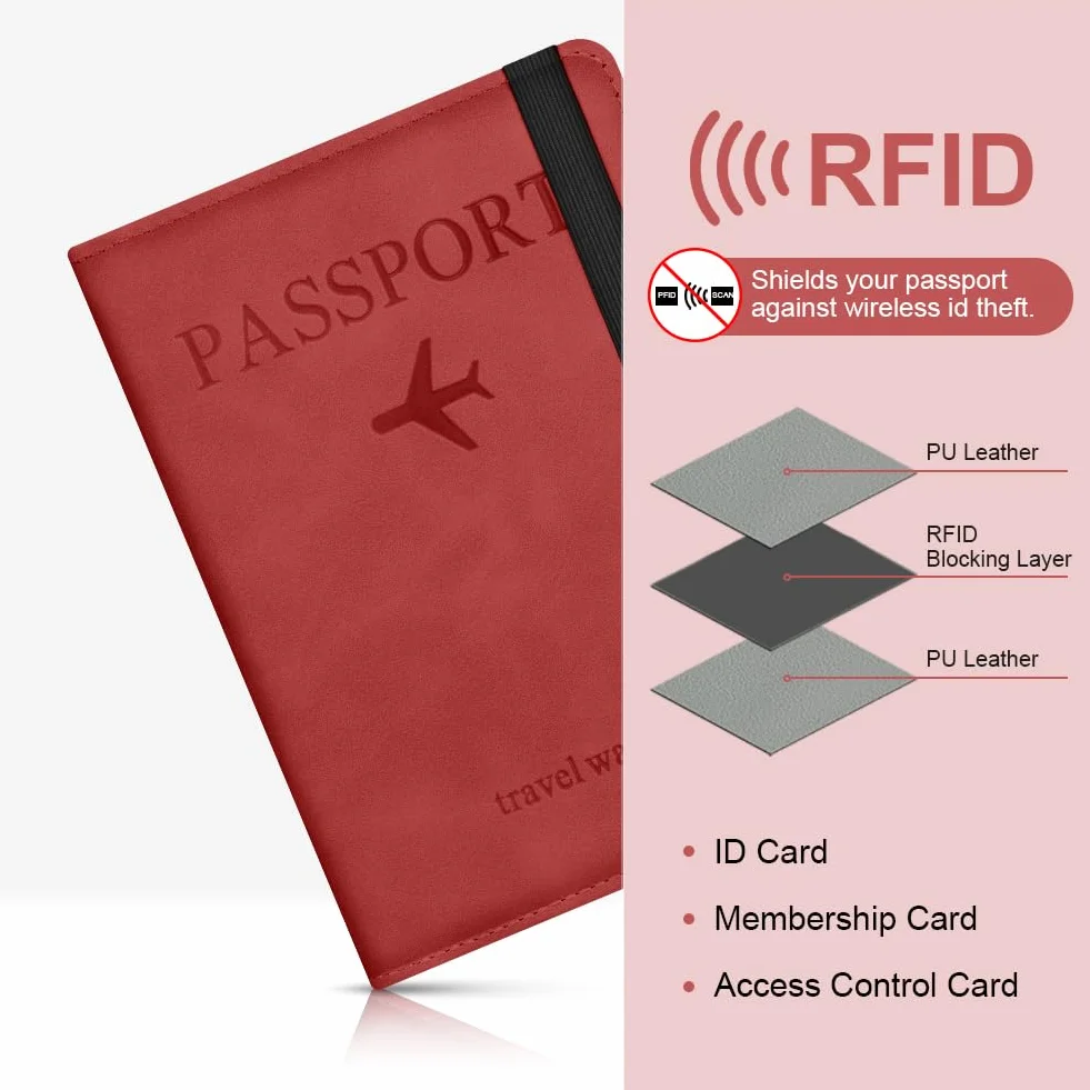 Etui na paszport, etui na paszport z blokadą RFID, etui na paszport dla mężczyzn i kobiet etui na paszport podróżny etui na dowód osobisty, etui na paszport, klasyczny (brązowy), Czerwony, 21.7