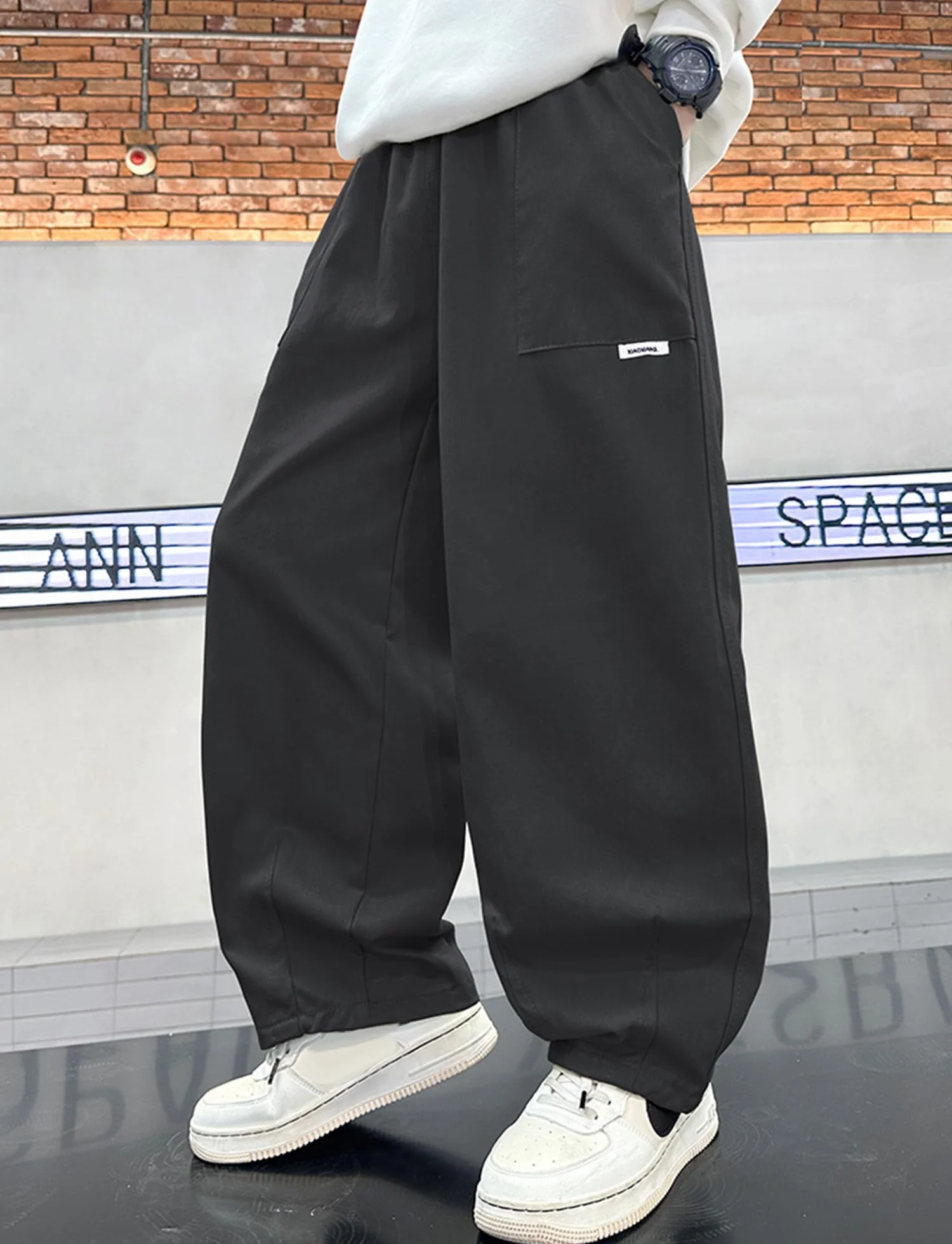 Panegy Chłopięce spodnie cargo dla dzieci, wysoka elastyczna talia, bawełniane, luźne spodnie do szkoły, joggery z kieszeniami, Y2K Streetwear