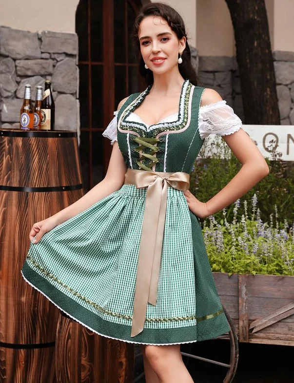 Clearlove Dirndl damska sukienka midi 3-częściowa sukienka do stroju ludowego, modna sukienka Dirndl, bluzka na Oktoberfest, zielony, 44
