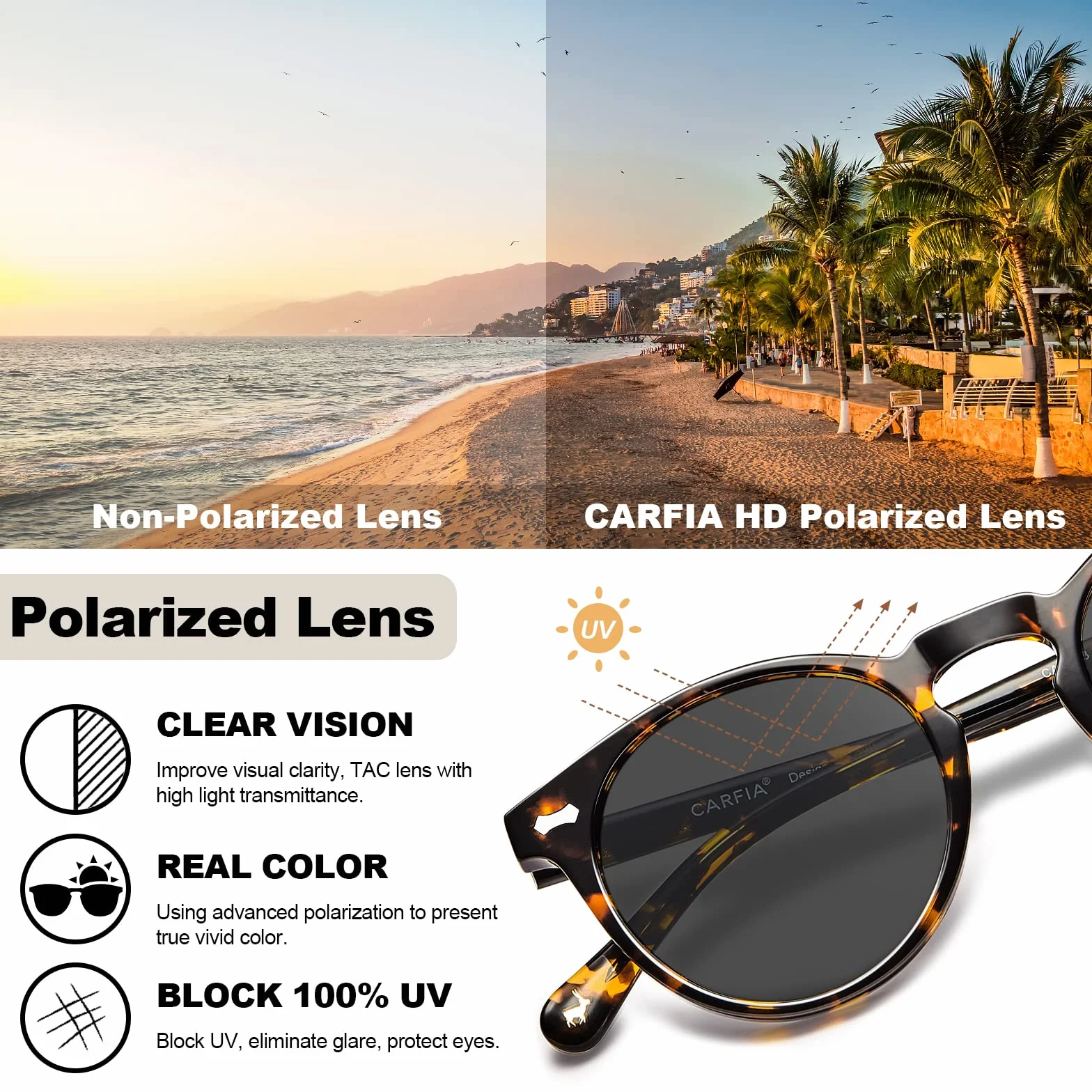 CARFIA Damskie okulary przeciwsłoneczne w stylu retro, polaryzacyjne, UV 400, do jazdy samochodem, wędkowania, podróży, oprawki z acetatu