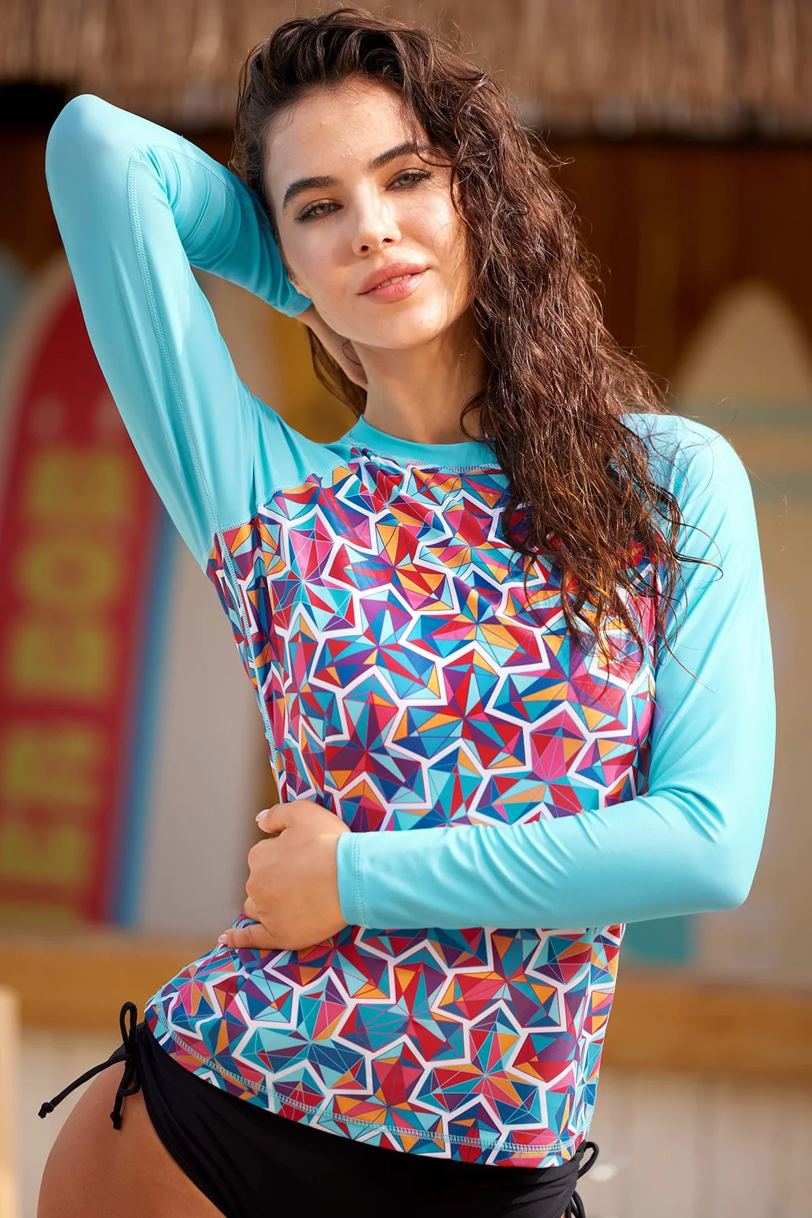 BesserBay Damska koszulka surfingowa UPF 50+, okrągły dekolt, długi rękaw, ochrona przed słońcem, Rash Guard S-XXL, woda, M