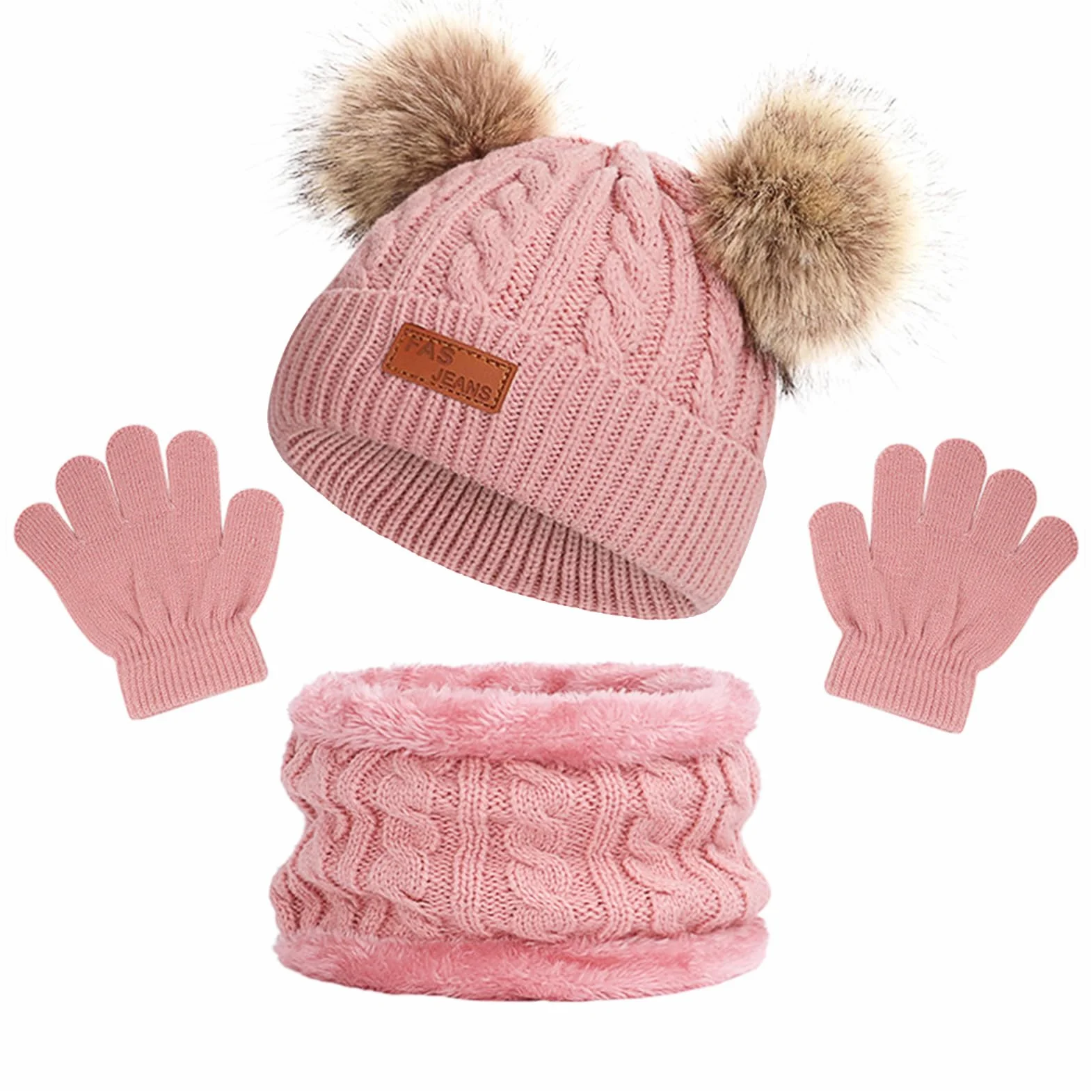 Grantop Dziecięca czapka zimowa, rękawiczki, szalik, zestaw z okrągłym szalikiem, zestaw czapek, szalik, podwójny pompon, ciepła czapka zimowa, czapka z dzianiny, zestaw dla dzieci w wieku 1-5 lat