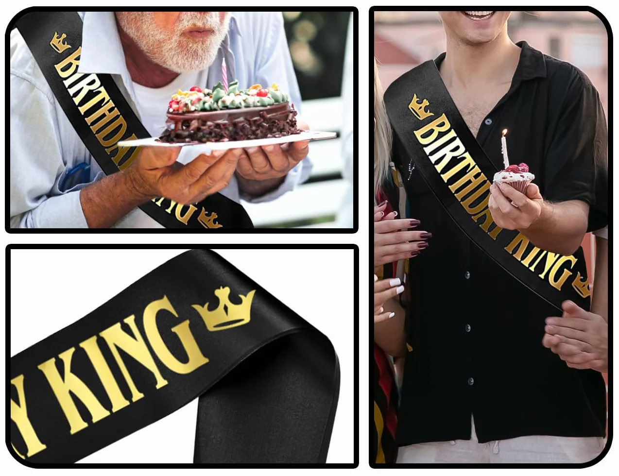 KAPSING Birthday King szarfa urodzinowa, męska szarfa urodzinowa, dekoracja urodzinowa, Boy Sash czarna, baner z okazji urodzin, dekoracja na przyjęcia urodzinowe