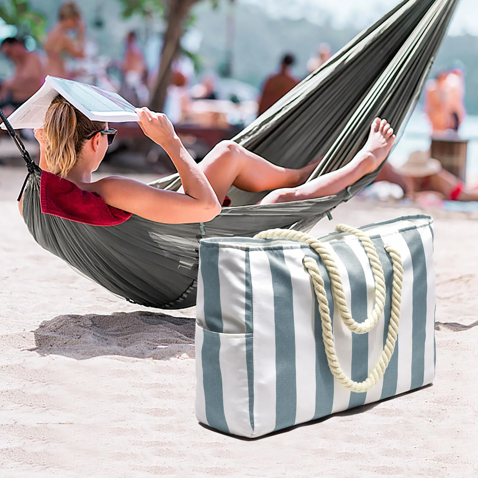 oscaurt Torba plażowa, wodoszczelna torba plażowa w paski, z zamkiem błyskawicznym, z kieszenią na mokro, duża torba plażowa dla kobiet