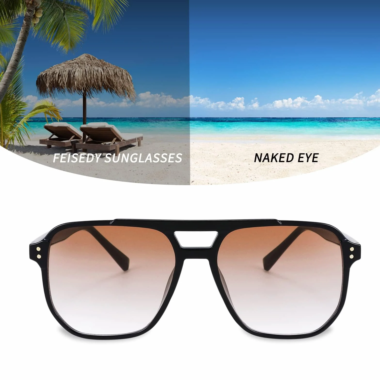 FEISEDY Retro Kwadratowe Okulary Przeciwsłoneczne Kobiety Mężczyźni 70s Vintage Modne Okulary Klasyczne z Podwójnym Mostkiem Ochrona UV400 B2835