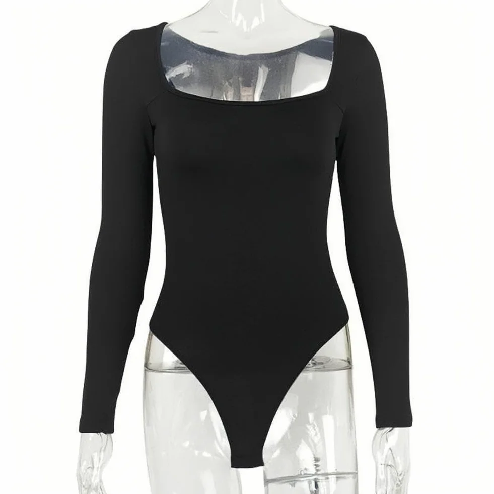 Body damskie z długim rękawem bodysuit z kwadratowym dekoltem seksowne body damskie z długim rękawem eleganckie eleganckie topy miękkie jednolity kolor casualowa rozciągliwa koszulka