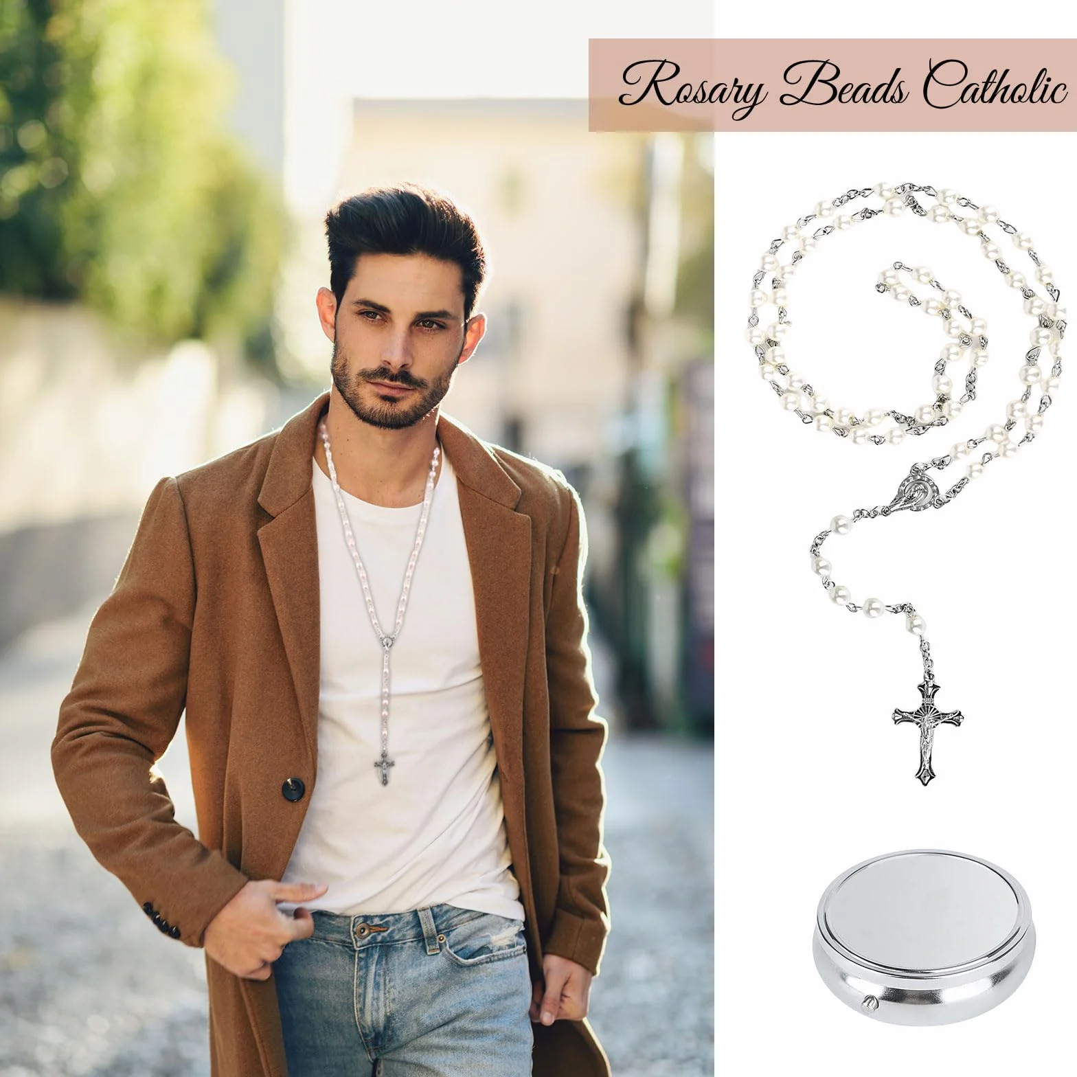 GlamRays Rosaria Beads Catholic - prezenty bierzmujące dla nastolatek, srebrne metalowe pudełko upominkowe w prostym stylu, biały różaniec ze sztucznej perły, prezenty dla kobiet, Large