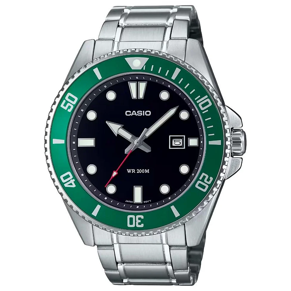 Casio MDV107D-3AV męski zegarek do nurkowania, ze stali nierdzewnej, 200 m, zielona luneta, czarna tarcza, 3-wskazówki, anlog, zegarek do nurkowania, czarny, sportowy, czarny, sport
