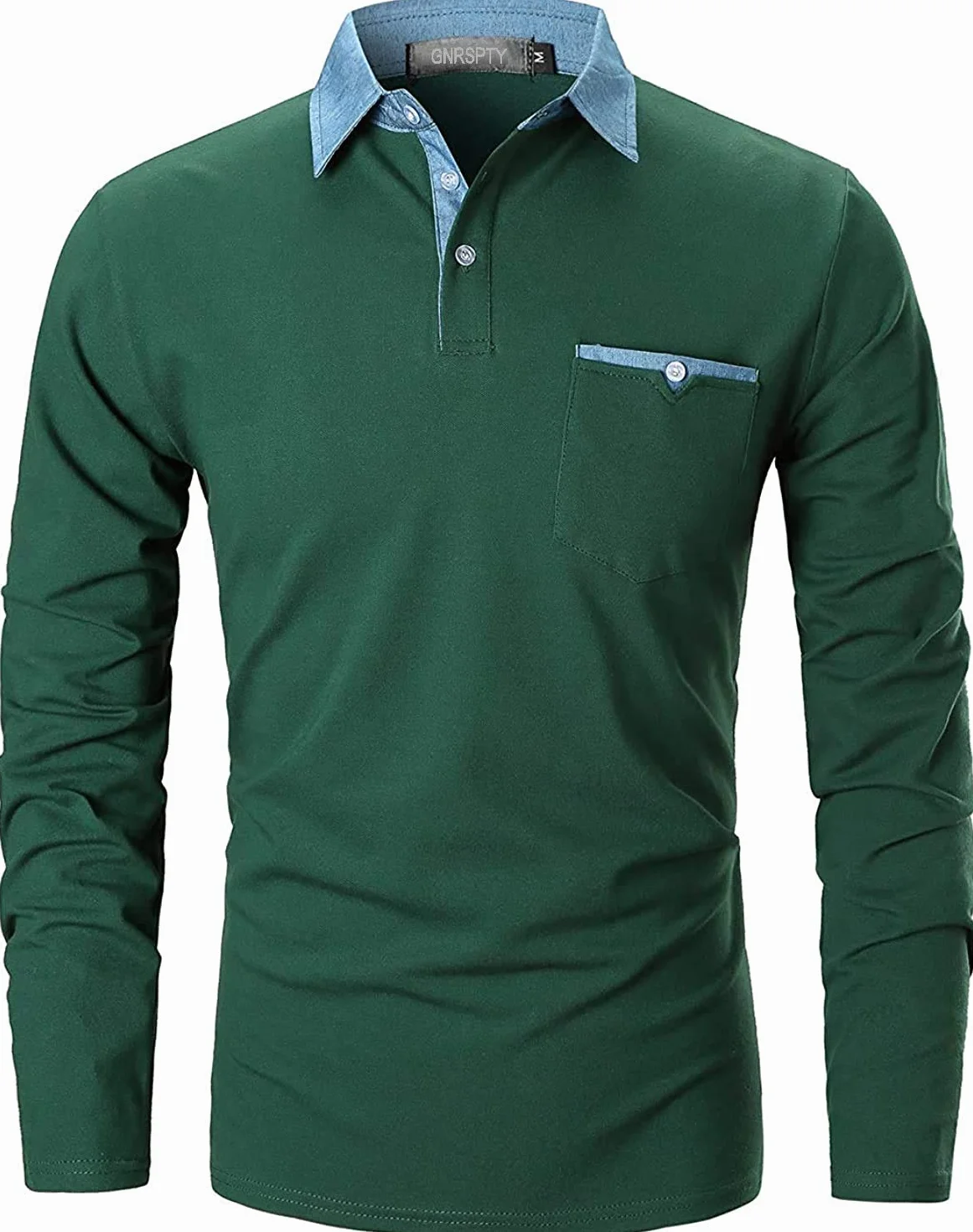 Męska koszulka polo z długim rękawem, Basic, denim, do szycia, casual, bawełniana, do golfa, tenisa, koszulki polo, zielony, L