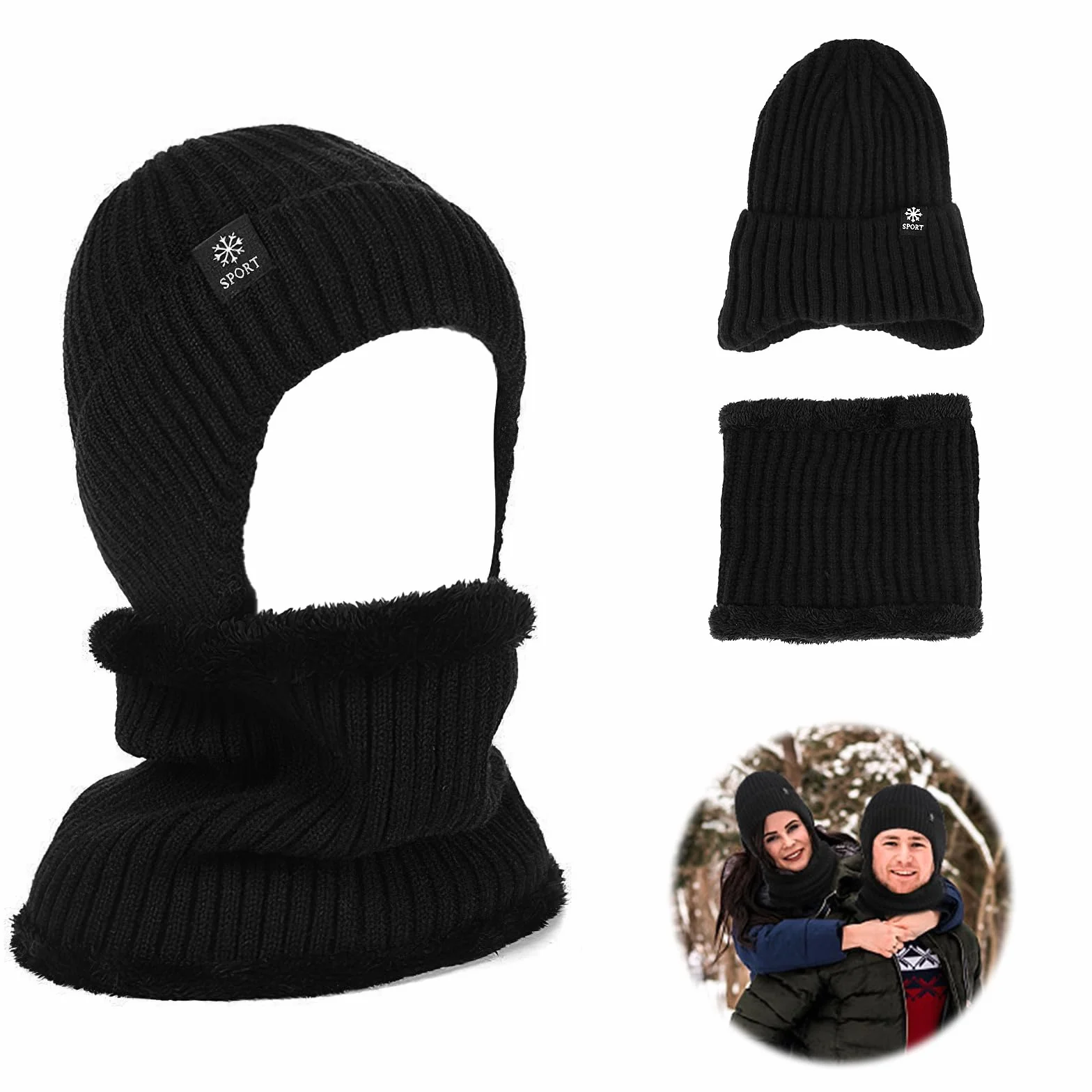 Męska zimowa ciepła czapka beanie i zestaw szalików, szalik męski na zimę z polarem, szal kominowy, chusta na szyję, ocieplacz na szyję, oddychająca czapka z dzianiny, dla kobiet i mężczyzn, na
