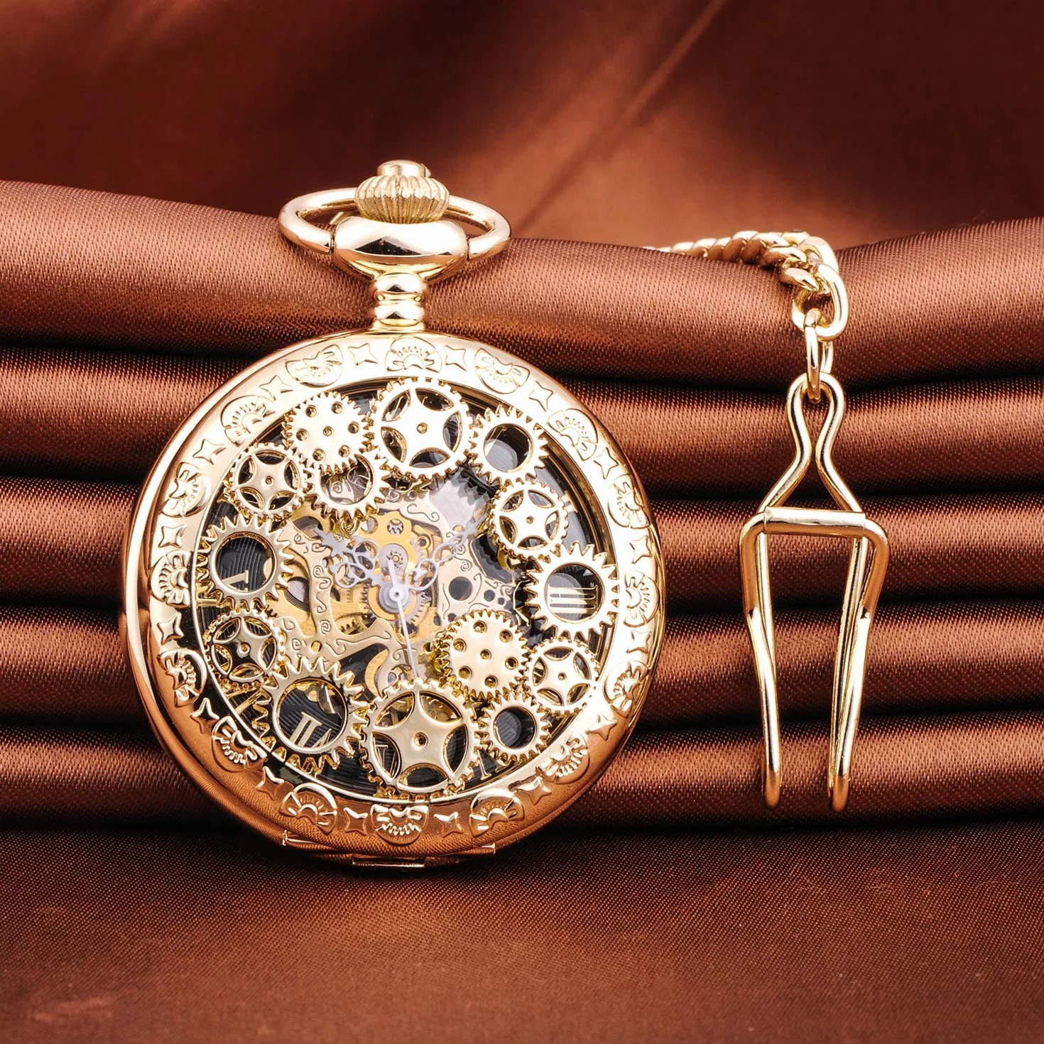 Unendlich U Męski zegarek kieszonkowy z cyframi rzymskimi z łańcuszkiem, analogowy, ręcznie nawijany, uniseks, retro, steampunk