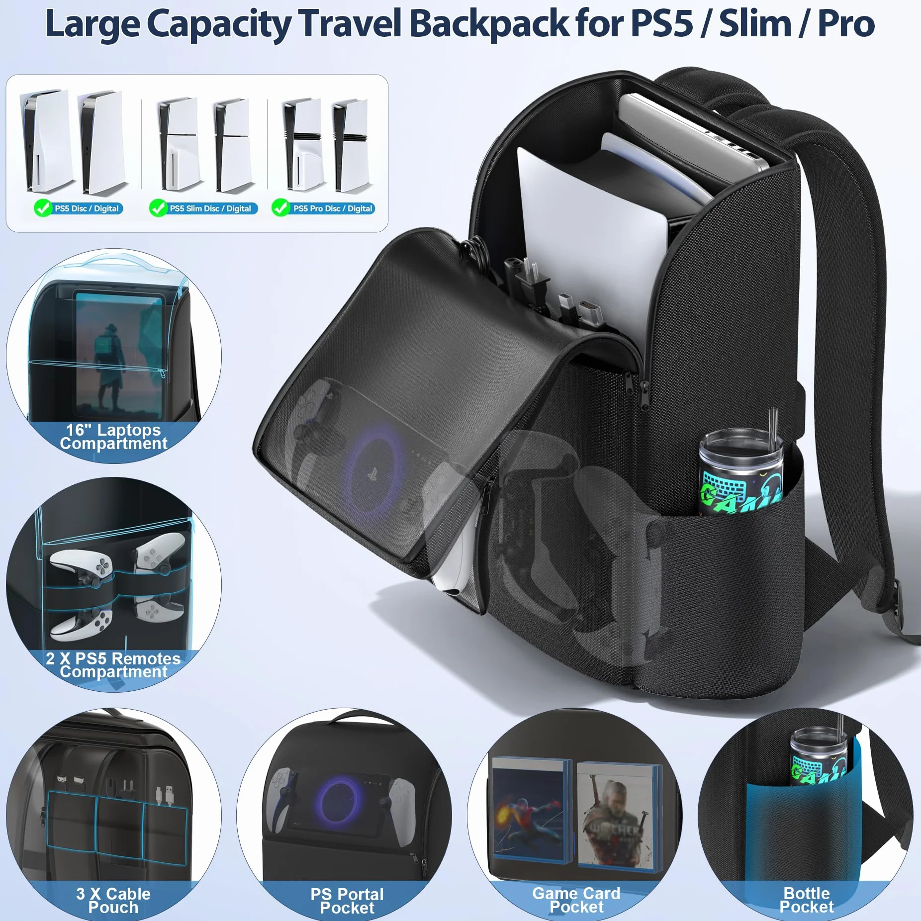 Rysker Plecak na konsolę PS5/ Slim/ Pro, torba podróżna PS5 z pełną ochroną, duża pojemność, torba do przenoszenia PS5, PS Portal, laptop, karta do gier, plecak PlayStation 5 z 3 kieszeniami na kabel