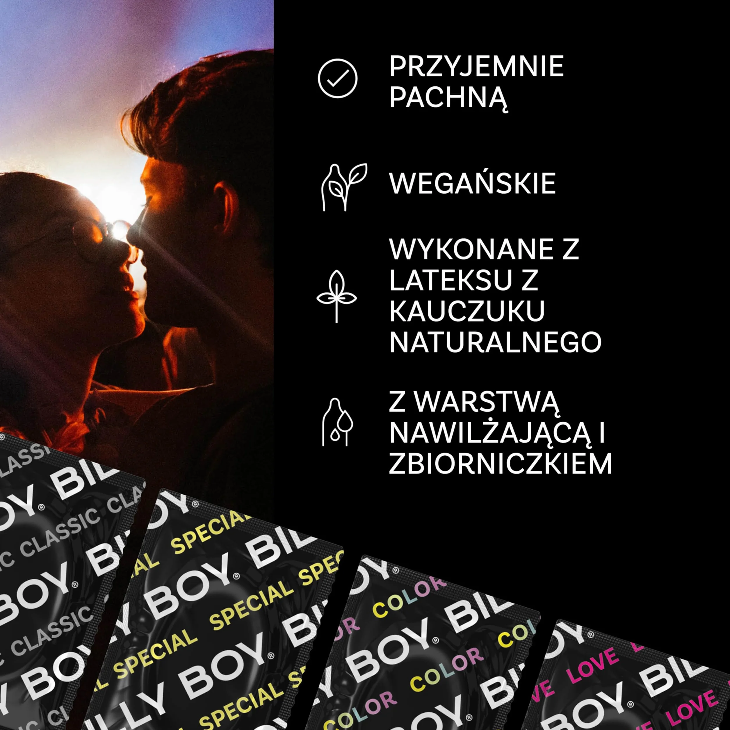 BILLY BOY Prezerwatywy | w zestawie THE BOX 50 prezerwatyw w rozmiarach 52 mm i 56 mm | 8 różnych rodzajów w jednym zestawie (1 × 50 sztuk)