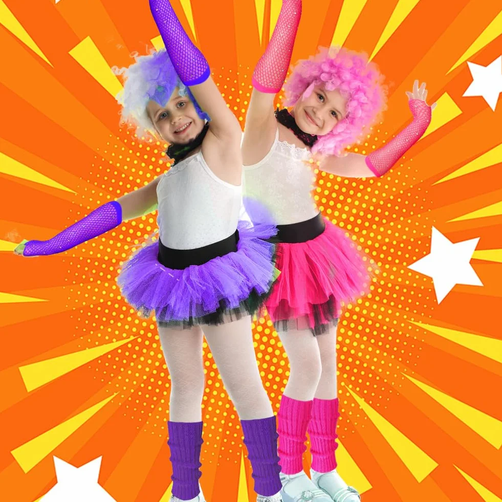 Fluo jamber dla dzieci, neonowa jamka z rękawiczkami dla dzieci, neonowa getry dla dzieci, neonowa sukienka z lat 80. neonowa bielizna dziewczęca, neonowa sukienka dla dziewczynki