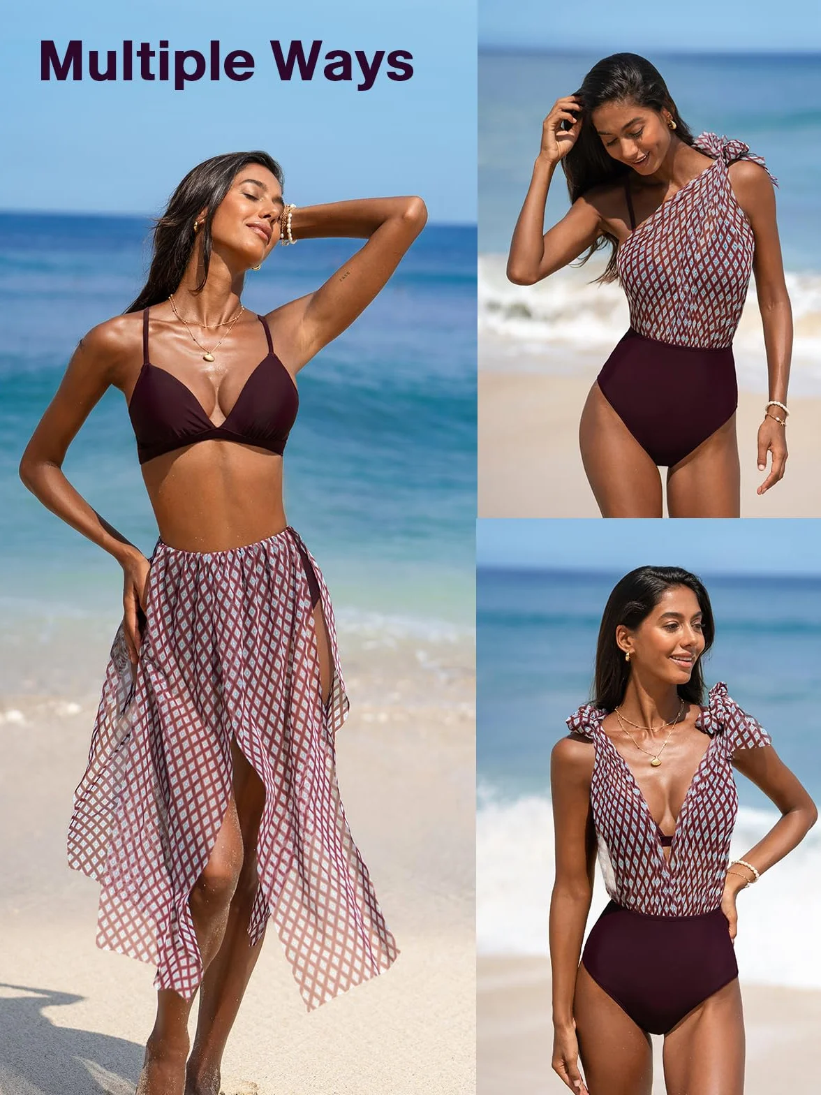 CUPSHE Damski zestaw bikini z wysokim stanem kontrola brzucha strój kąpielowy skromny pełne pokrycie kostium kąpielowy krzyżujący się krawat