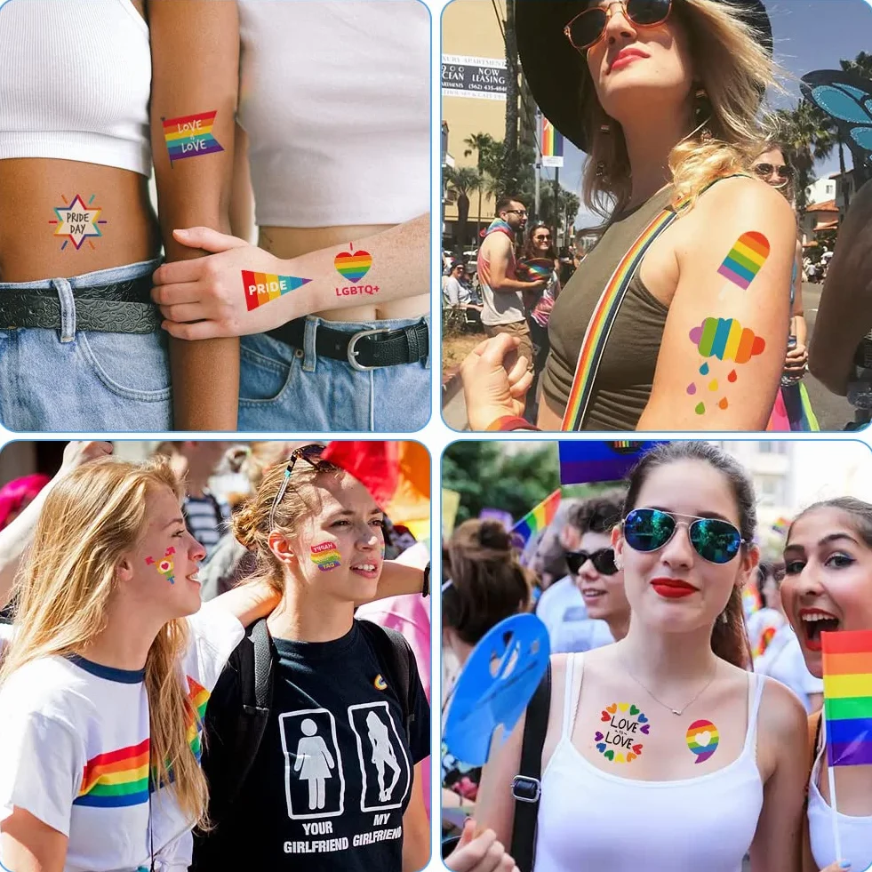 AOMIG 70+ stylów tatuaży z dumą, 10 dużych arkuszy tymczasowych tatuaży Gay Pride, wodoodporne naklejki z tatuażami LGBT Rainbow Flag na festiwale Pride dekoracje świąteczne