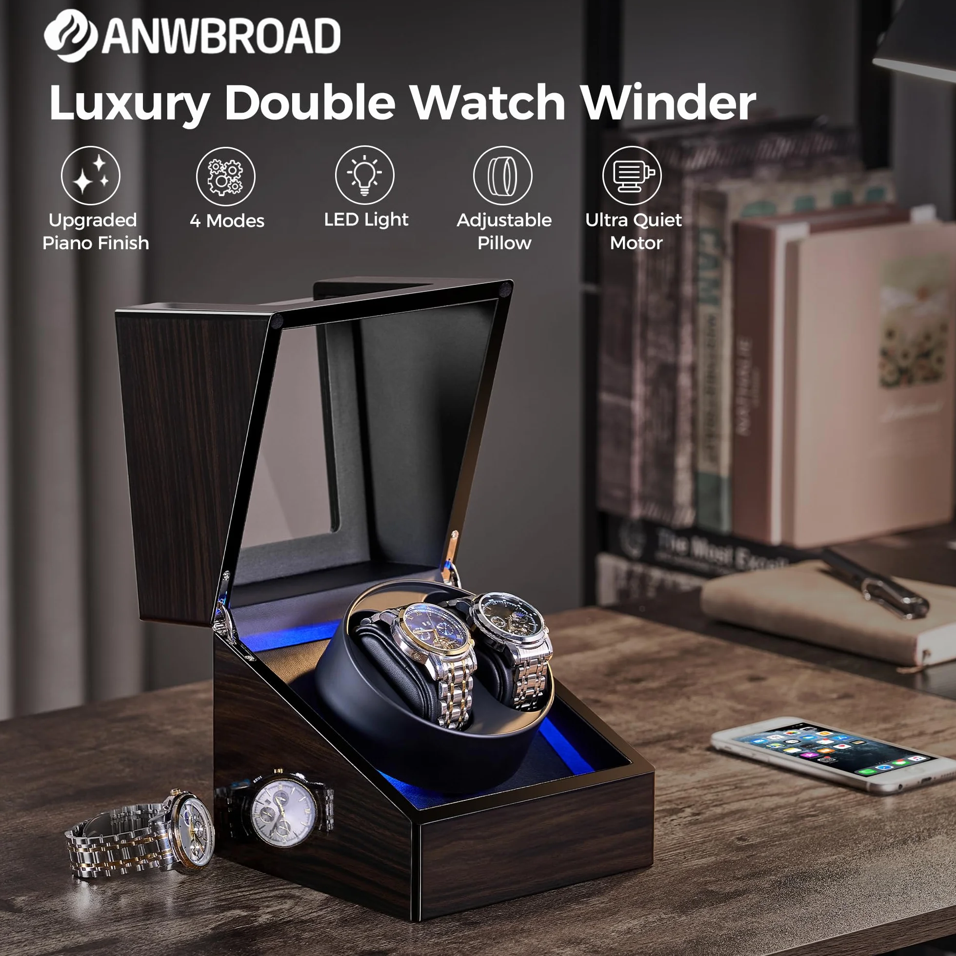 ANWBROAD rotomat na 2 zegarki, automatyczny rotomat z cichym silnikiem, 4 tryby obrotu, oświetlenie LED, zasilanie bateryjne lub USB, obracacz zegarków, winda do zegarków, wykończenie z żywicy ebonitu