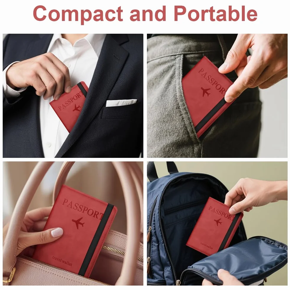 Etui na paszport, etui na paszport z blokadą RFID, etui na paszport dla mężczyzn i kobiet etui na paszport podróżny etui na dowód osobisty, etui na paszport, klasyczny (brązowy), Czerwony, 21.7
