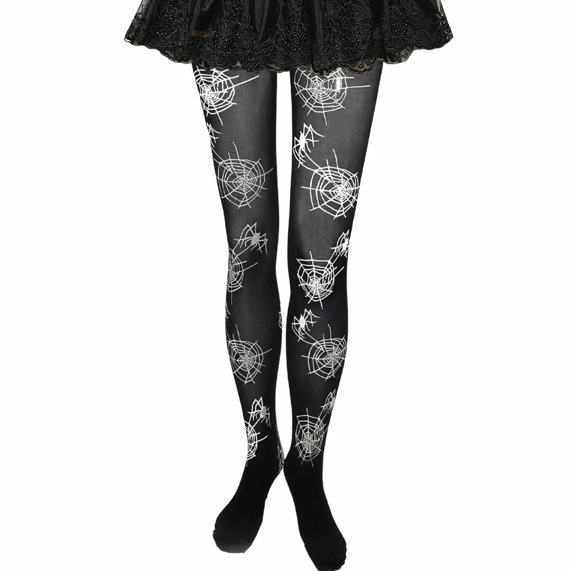 Sprinlot Damskie pończochy halloweenowe, czarne rajstopy z brokatem pająk i pająk na Halloween, imprezy wtorkowe