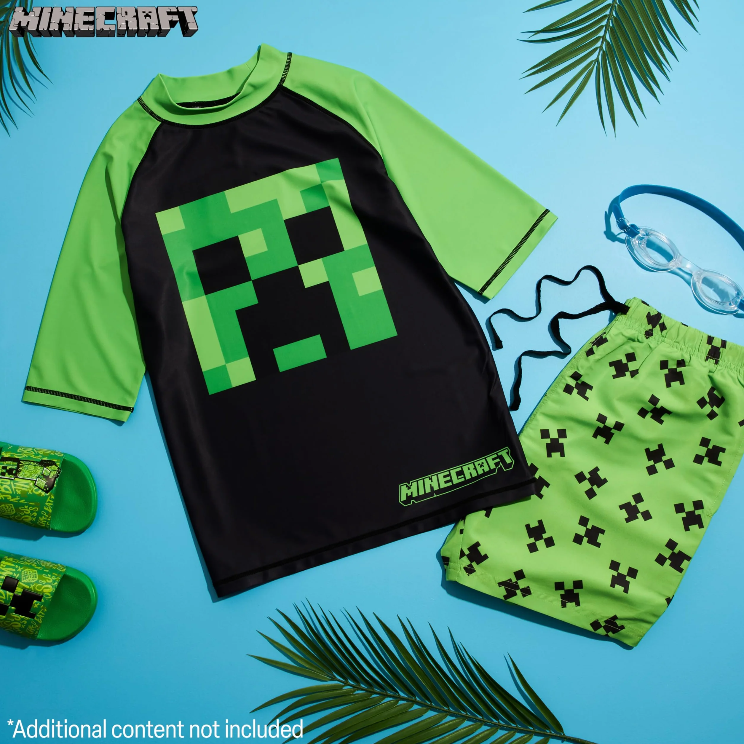 Minecraft Kostium kąpielowy dla chłopców: dwuczęściowy strój kąpielowy - koszulka do pływania i szorty kąpielowe