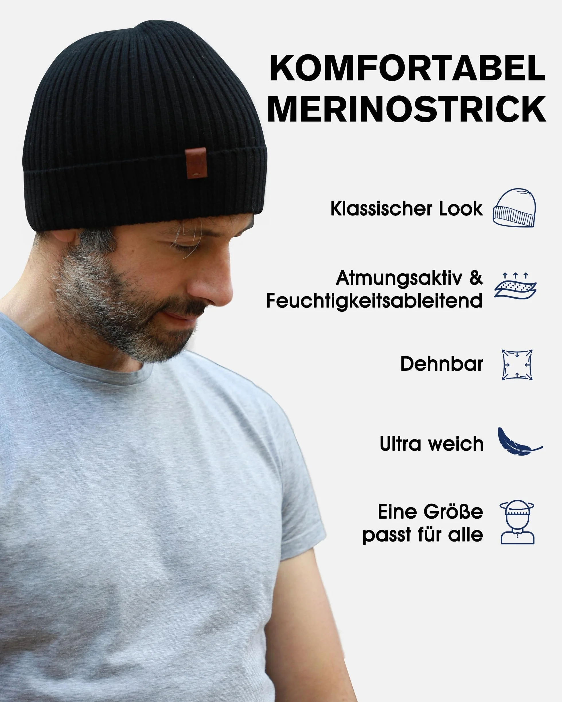 TOP-EX Czapka beanie unisex, w 100% z wełny merynosów, ciepła czapka zimowa z podszewką polarową, uniseks i elastyczna, idealna do biegania i golfa, miękka czapka z dzianiny