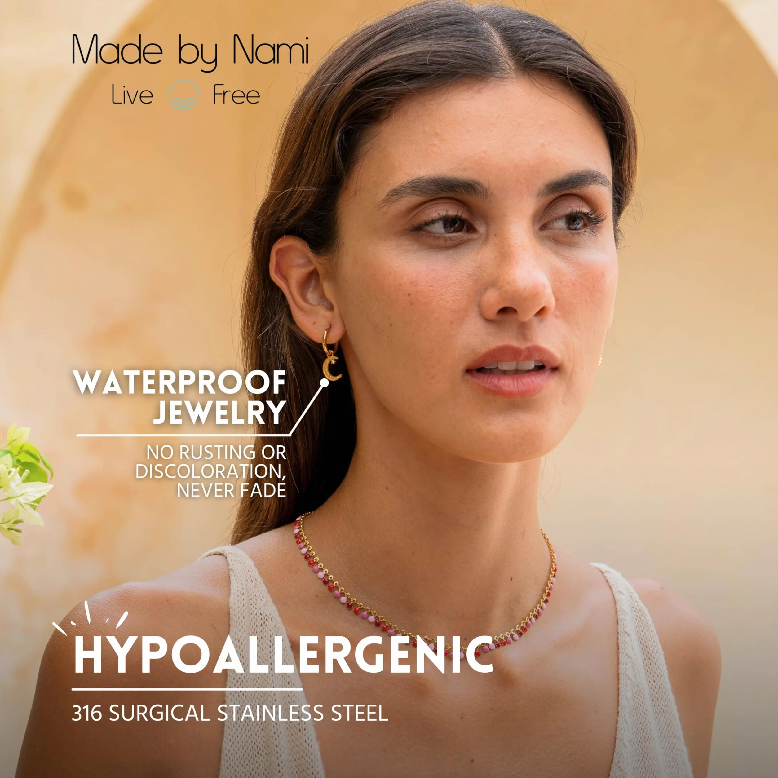 Made by Nami Kolczyki Złote Wiszące Słońce Księżyc Gwiazda Stal Chirurgiczna Wodoodporne Hipoalergiczne Boho