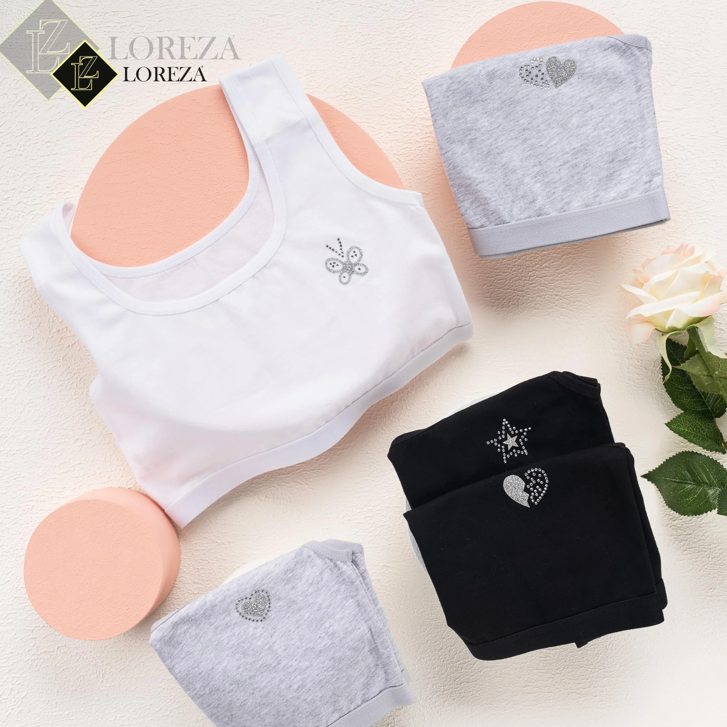 LOREZA ® 5 dziewczęcy biustonosz z bawełny ze strasem ramiączka spaghetti biustonosz sportowy rozmiar 140-170