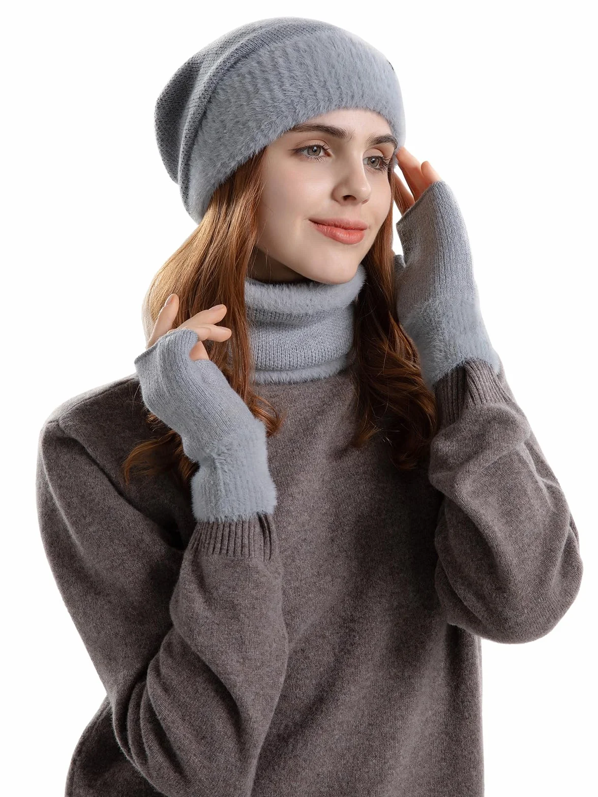 Zestaw czapek i szalików dla kobiet z podszewką polarową, czapka, szalik i rękawiczki, zestaw damski, 3 w 1, termiczna dzianinowa czapka beanie, ocieplacz na szyję, rękawiczki bez palców, dla