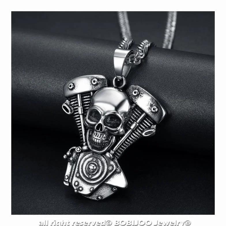 BOBIJOO JEWELRY - Duży łańcuszek na szyję z wisiorkiem - masywny motor, czaszka ze stali nierdzewnej 316L, srebrny łańcuszek