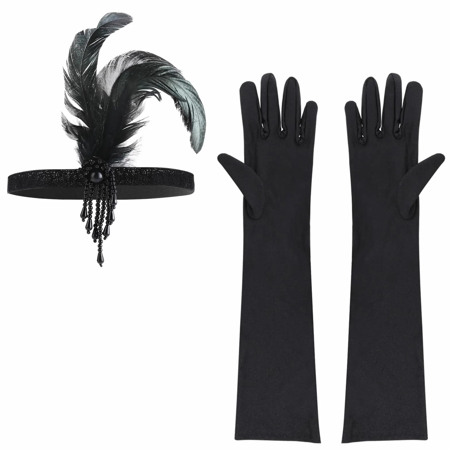 Gjinxi Kobiety lata 20. Flapper Feather opaska na głowę zestaw rękawiczek maskarada motyw Gatsby nakrycie głowy długie rękawiczki na Halloween, przyjęcie herbaciane, karnawał, kostium do włosów