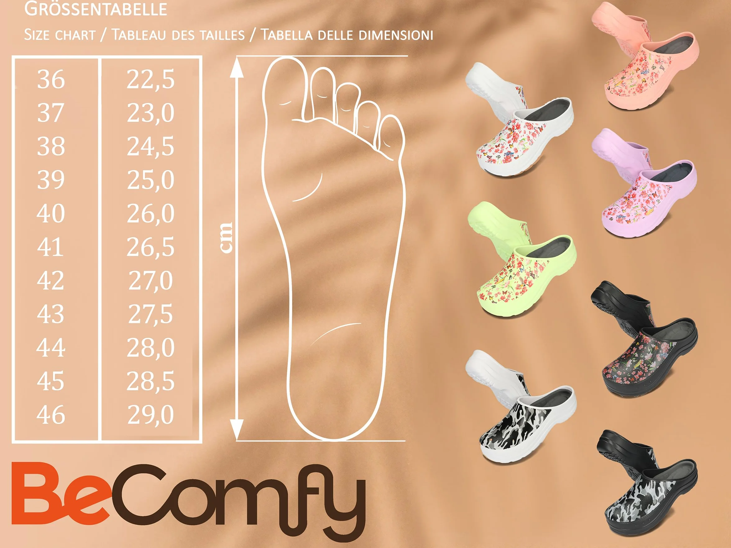 BeComfy Damskie i Męskie Chodaki Piankowe Bardzo Lekkie Klapki Unisex Zakryte Moro lub Kwiatki 36-46 EU