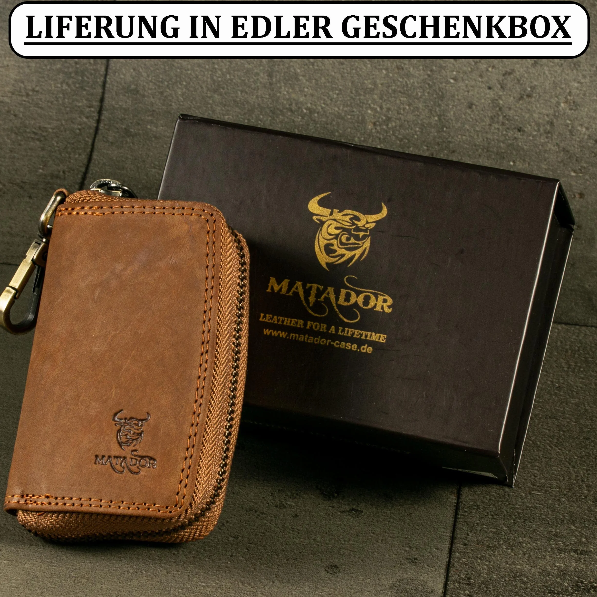 MATADOR Skórzany piórnik na klucze #BARI ze szlachetnym pudełkiem na prezent, eleganckie etui na kluczyki samochodowe z pękiem kluczy, portfel RFID, luksusowe etui na klucze, z pojedynczą przegródką