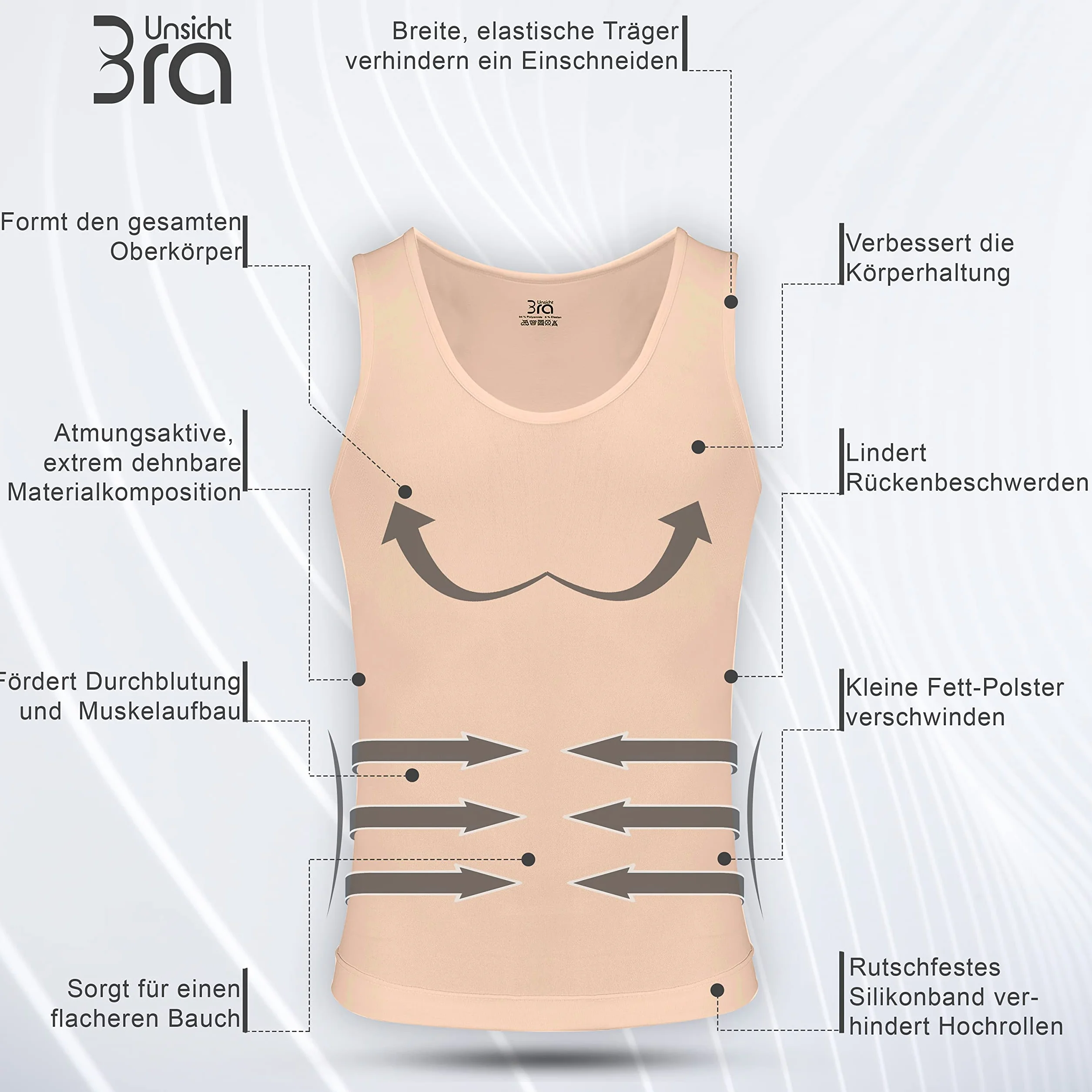 UnsichtBra Shapewear podkoszulek męski | Body Shaper koszulka funkcyjna męska | koszulka kompresyjna wyszczuplająca brzuch, męska, biała, beżowa, czarna