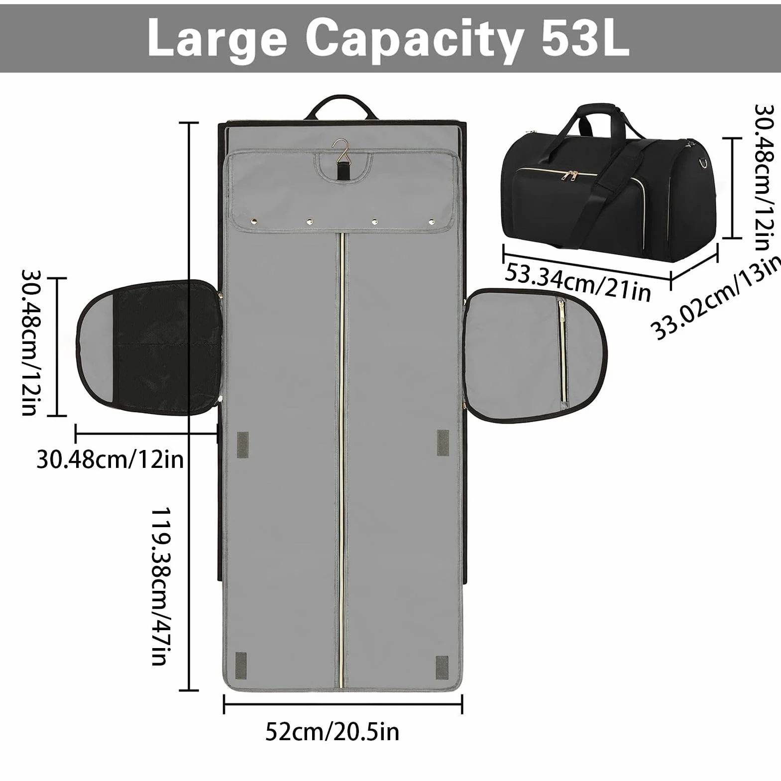 Torba transportowa Garment, 2 w 1, rozkładana torba podróżna, 20,98 x 12,99 x 12,01 cala składana z paskiem na ramię, na weekendowe wycieczki i organizację podróży, czarny, Se référer au descriptif,