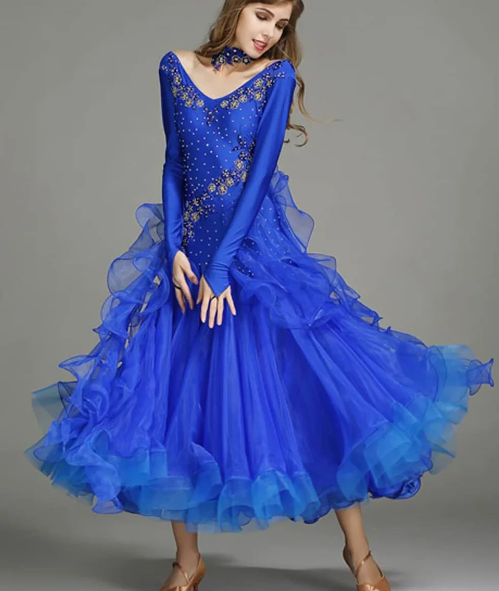 Damskie sukienki tańca towarzyskiego, wykwintne hafty diamentowe Foxtrot Waltz konkursowa sukienka, taniec nowoczesny z długim rękawem Prom Performance Dance Dress