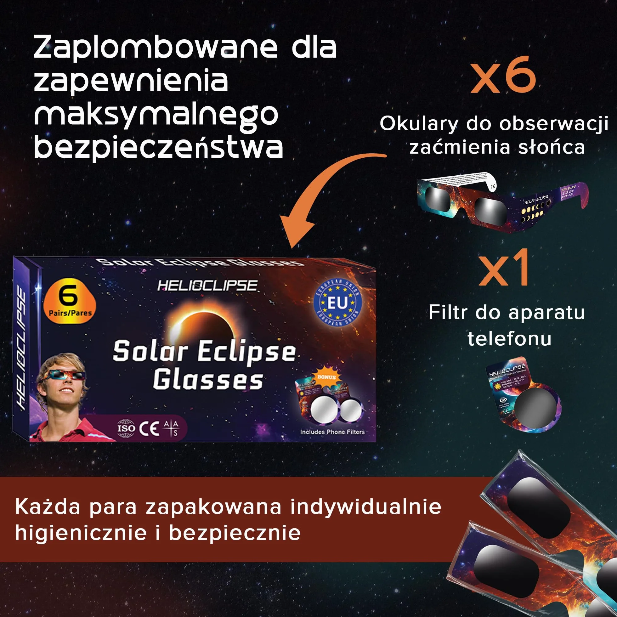 Okulary do oglądania zaćmienia Słońca Helioclipse 6 szt. 2026 - Przeznaczone do bezpiecznego oglądania zaćmienia Słońca - Zestaw 6 szt. - Bonus 1x filtr do telefonu