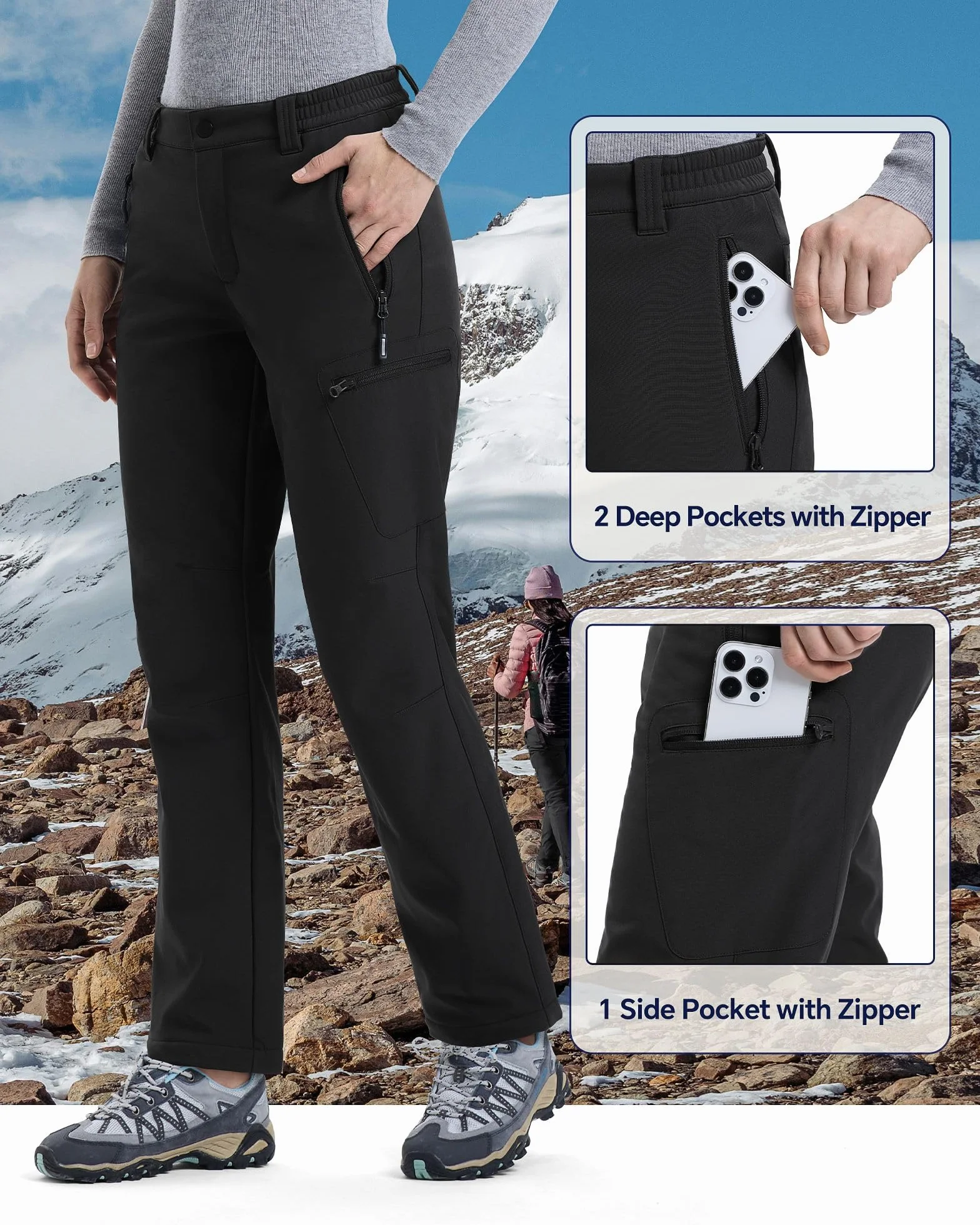Outdoor Ventures Damskie spodnie softshellowe, zimowe spodnie trekkingowe, spodnie outdoorowe, wodoszczelne, wiatroszczelne spodnie narciarskie, ciepłe spodnie trekkingowe z podszewką