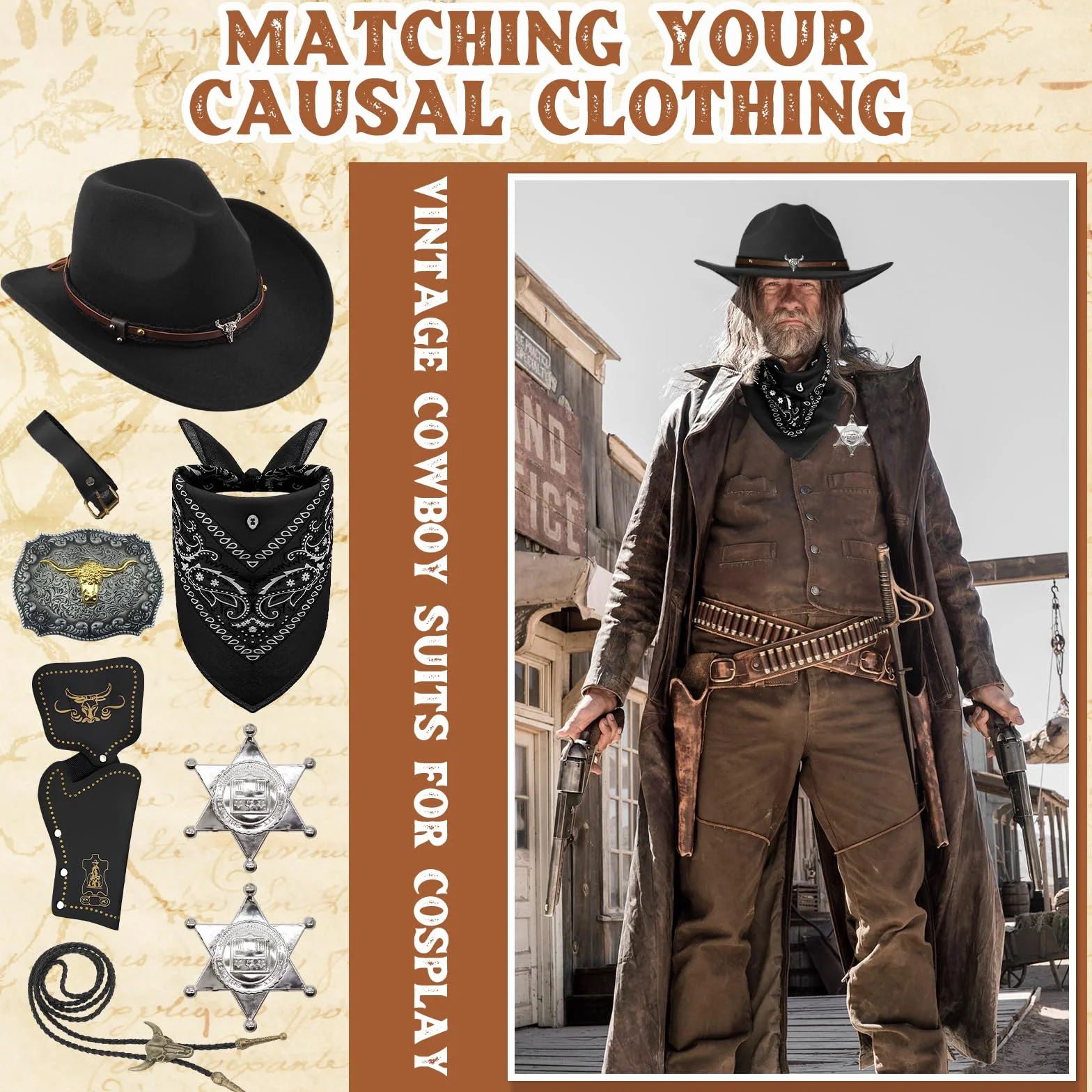 Zestaw 8 akcesoriów do kostiumu kowbojskiego, Deluxe Western Cowboj, strój z brązowym kapeluszem, paisley, kabura, pasek, bolo, klamra, krawat, naszyjnik, odznaka szeryfa, dla mężczyzn, hipisowska