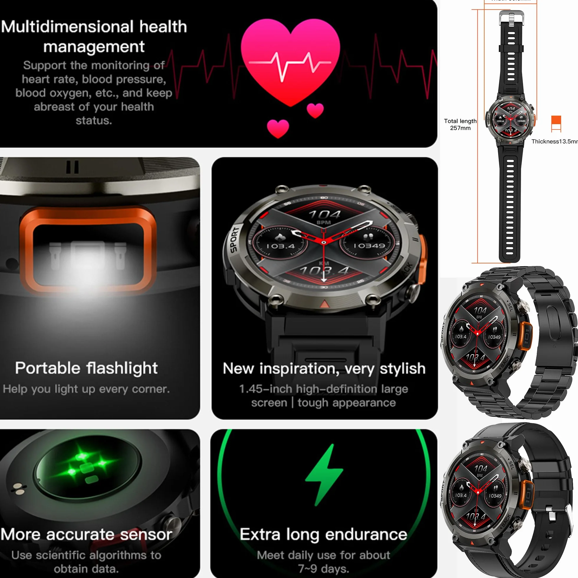 Smartwatche Mężczyźni z Funkcje Telefonu Bluetooth, Sportowy Smartwatch 1,45 Cala ze 123 trybami Sportowymi, Pochodnia, Pomiarem Tętna, Odtwarzaczem Muzycznym, Wodoodpornością IP68 dla Android iOS