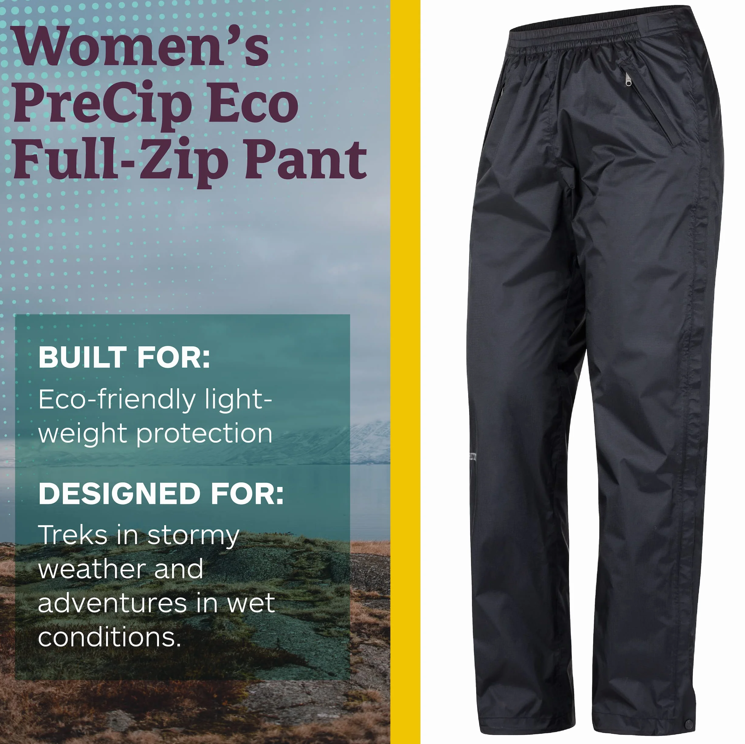 Marmot Wm's PreCip Eco Full Zip Pant - Wodoodporne spodnie przeciwdeszczowe, wiatroszczelne spodnie trekkingowe, oddychająca odzież przeciwdeszczowa na wędrówki i trekking Kobiety
