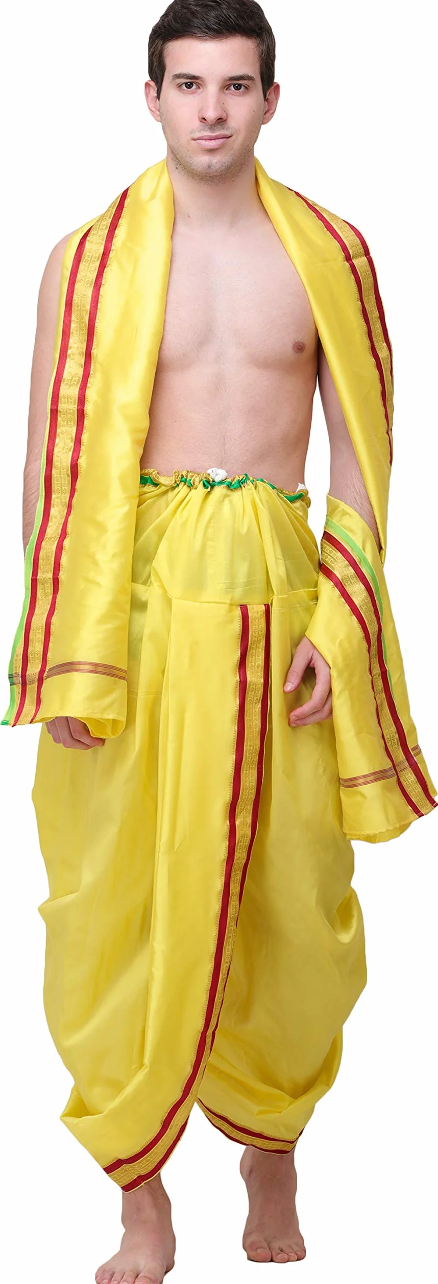 Exotic India Gotowy do noszenia zestaw Dhoti i Angavastram z tkaną złotą obwódką
