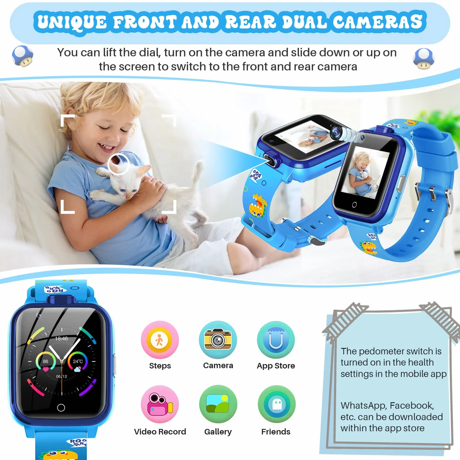 Inteligentny Zegarek dla Dzieci, LiveGo 4G Secure Dual Camera Smart Watch, GPS Tracker SOS Call dla Dzieci Studenci w Wieku 4-12 lat Prezenty Urodzinowe Dzień Szkolny(T13 niebieski)
