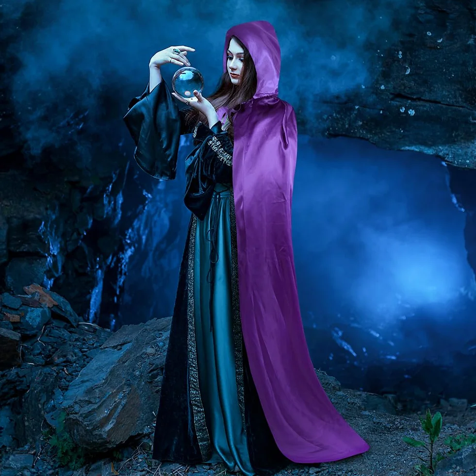 Aomig Czarna peleryna z kapturem na Halloween dla dorosłych, długa peleryna z kapturem, czarownica, akcesoria do cosplay, tajemniczy czarodziej, bajkowy, fantazyjny kostium, Halloween, maskarada